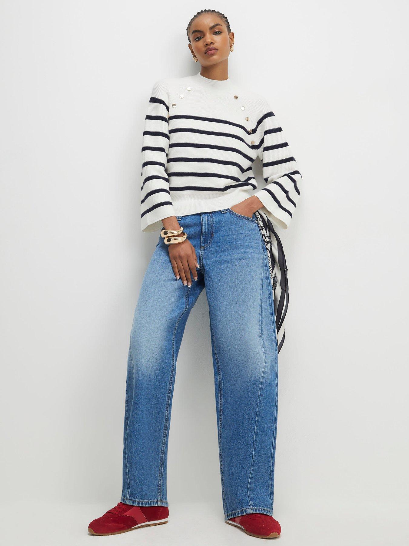  image of river-island-striped-ribbed-button-jumper-cream