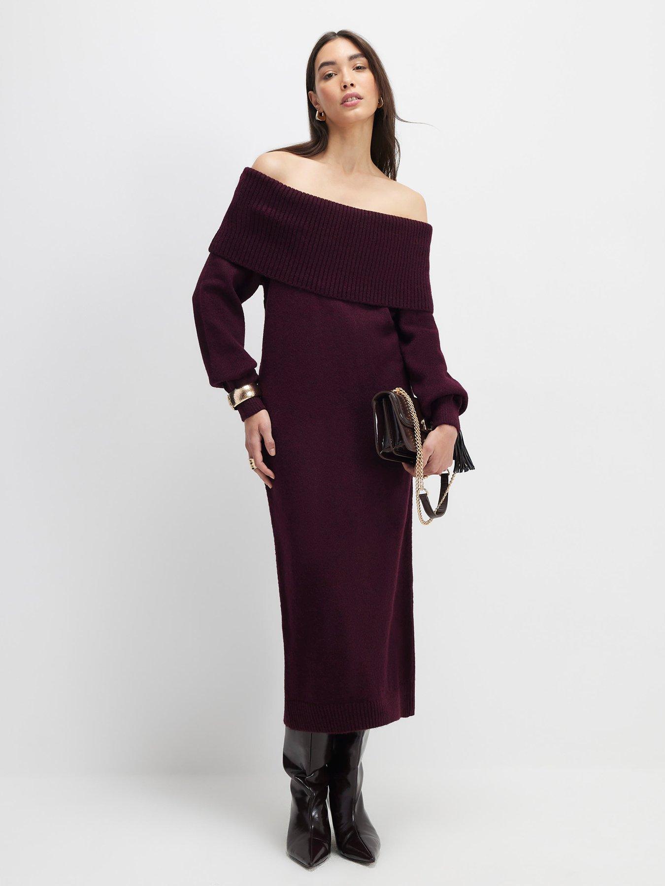 river-island-red-knit-long-sleeve-bardot-midi-dress-red