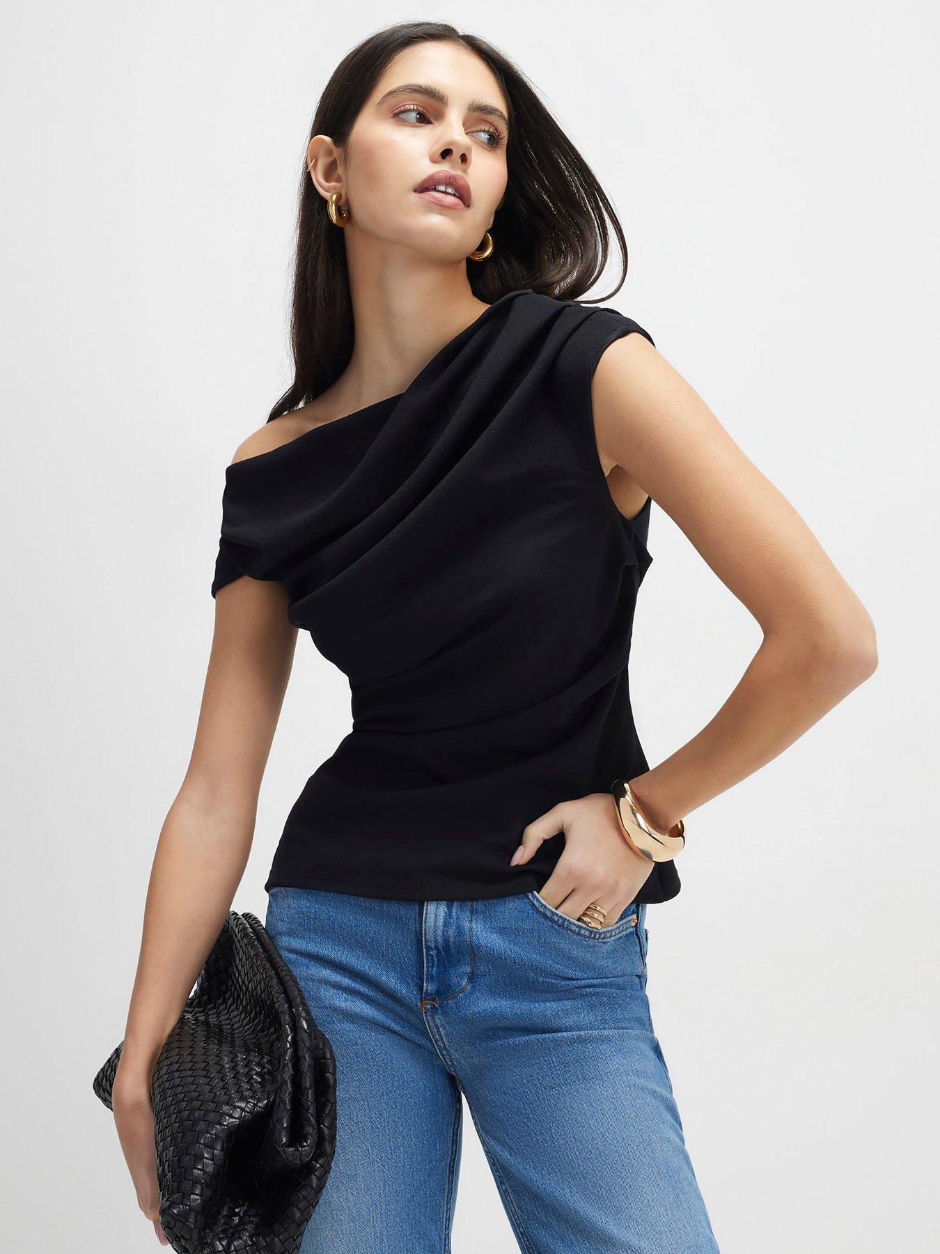  image of river-island-short-sleeve-drape-off-shoulder-top-black
