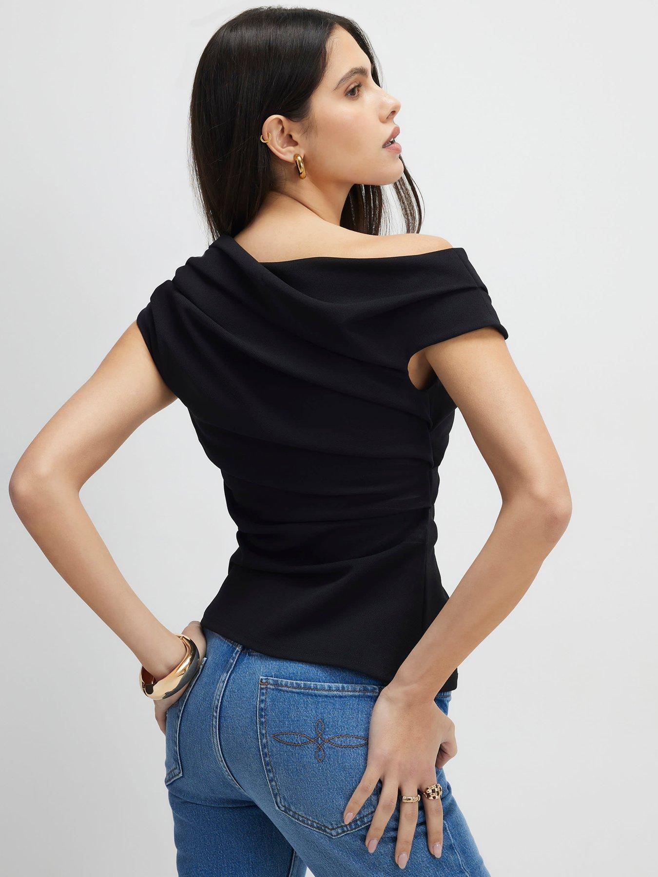  image of river-island-short-sleeve-drape-off-shoulder-top-black