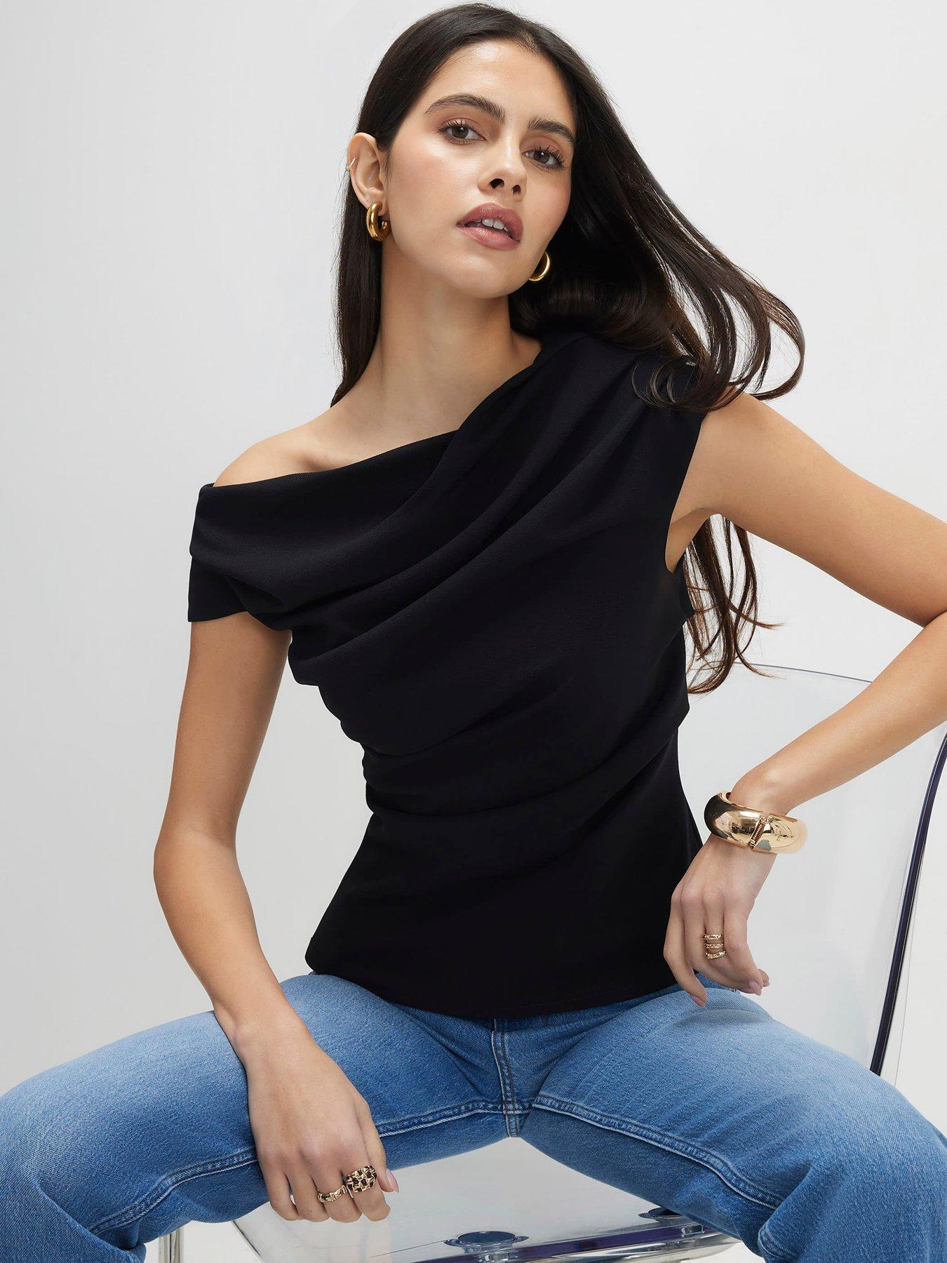  image of river-island-short-sleeve-drape-off-shoulder-top-black