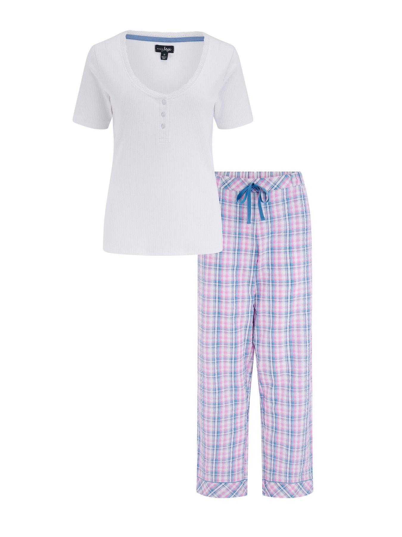 Image 4 of 4 of Pour Moi Ribbed Henley T-Shirt &amp; Seersucker Trouser Pyjama Set
