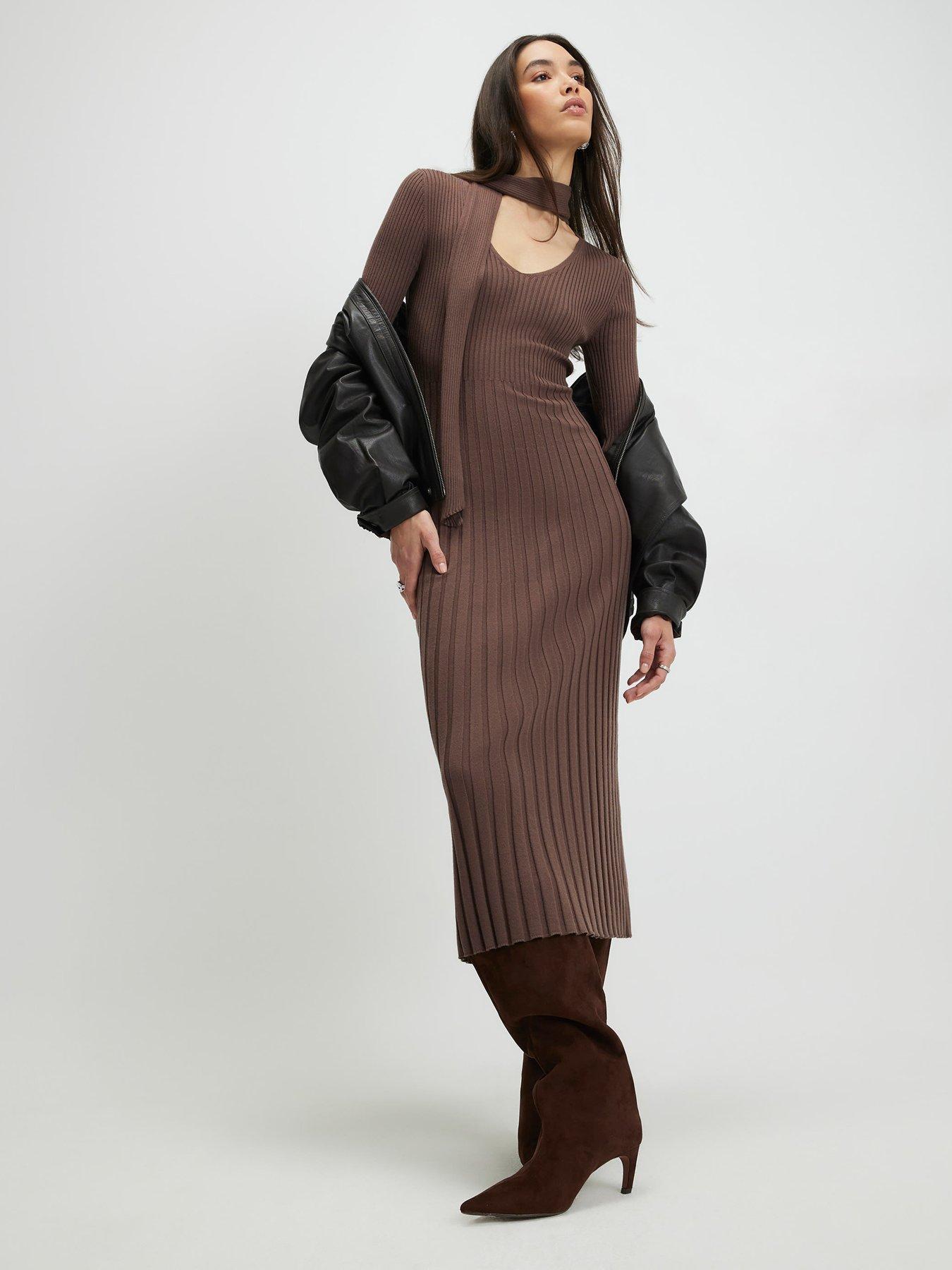River Island Knitted Long Sleeve Tie Neck Midi Dress