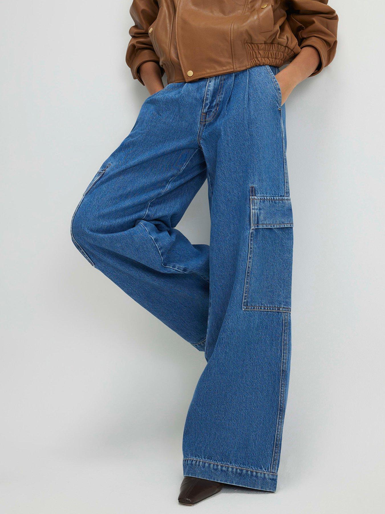 River Island Wide Leg Pleated Cargo Pocket Jeans - Blue