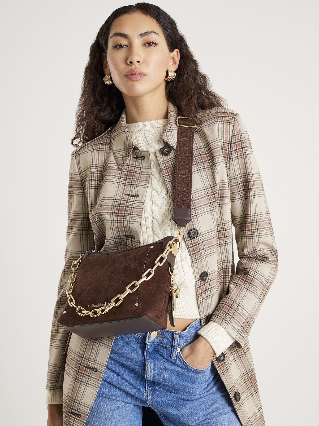 Image 1 of 5 of River Island Chain Front Cross Body Bag - Brown
