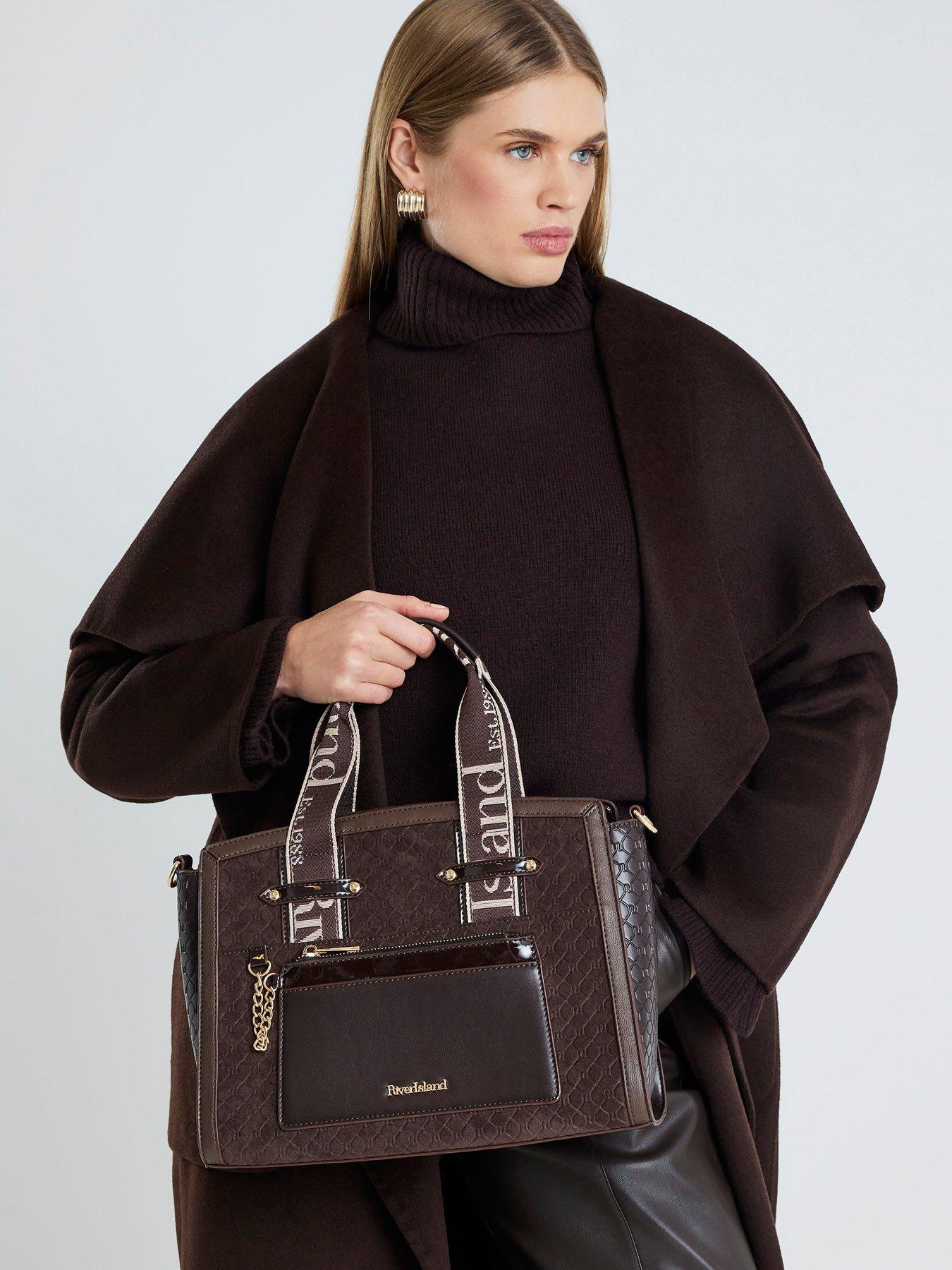 Image 1 of 5 of River Island Faux Suede Monogram Tote Bag - Brown