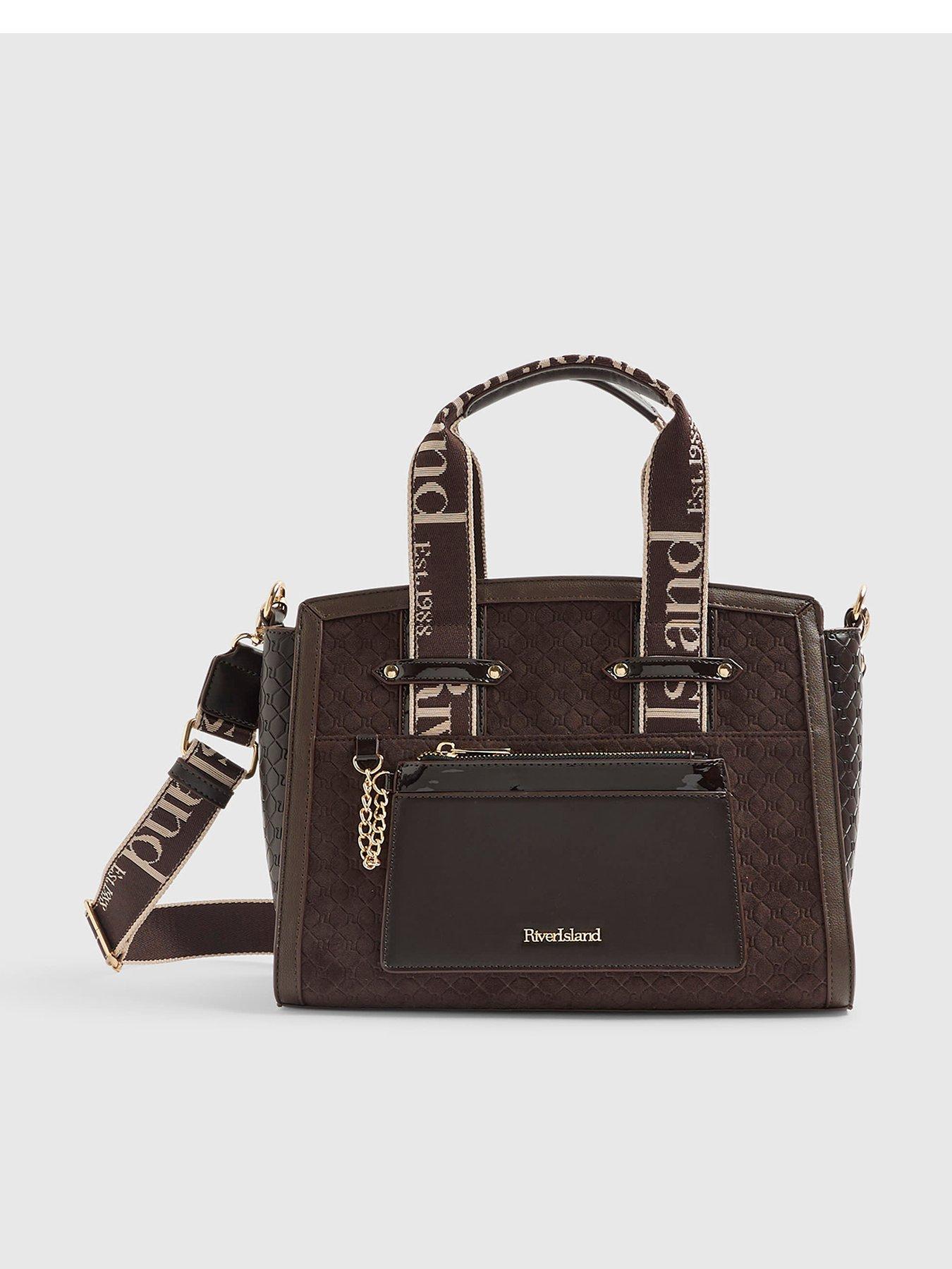 Image 2 of 5 of River Island Faux Suede Monogram Tote Bag - Brown