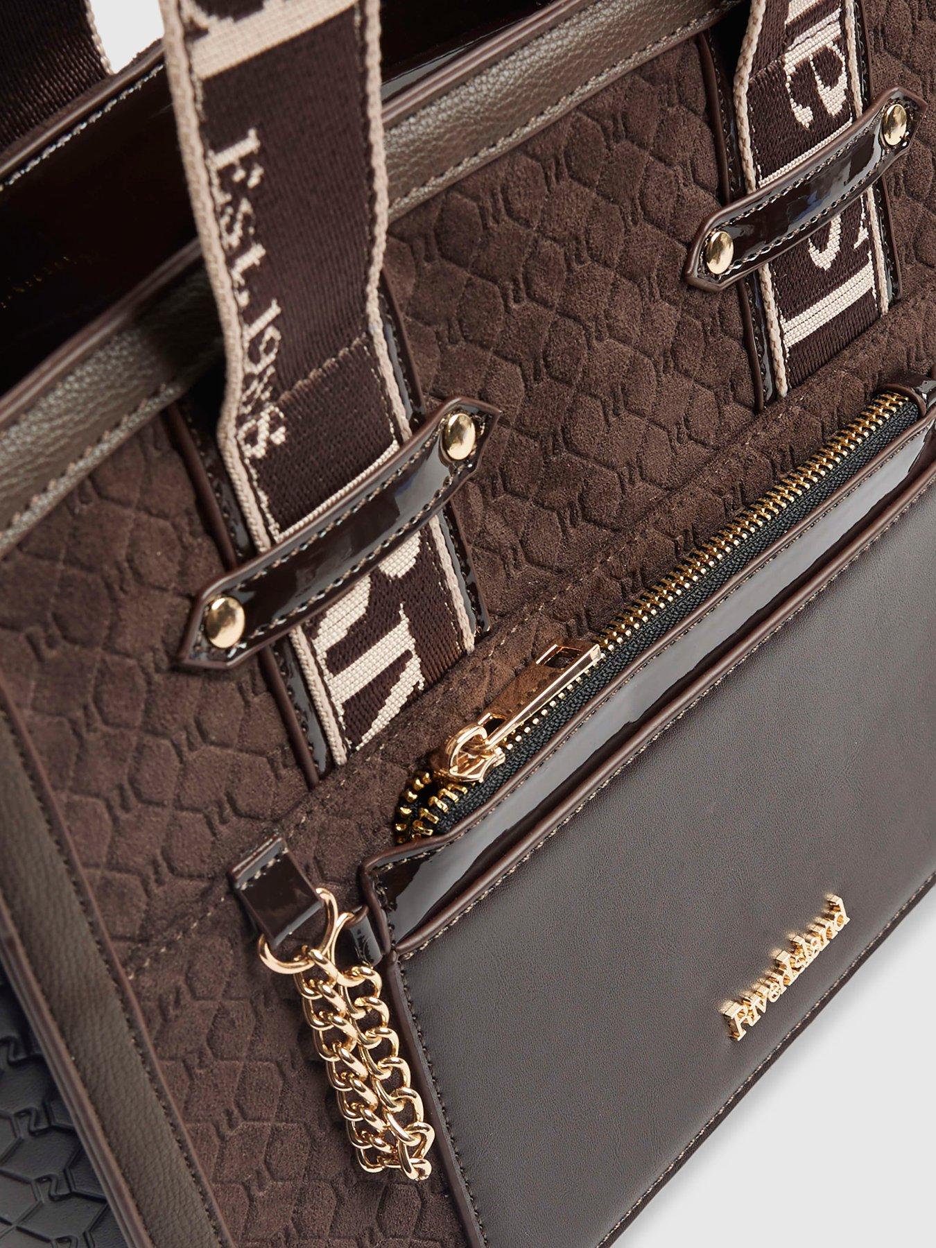 Image 5 of 5 of River Island Faux Suede Monogram Tote Bag - Brown