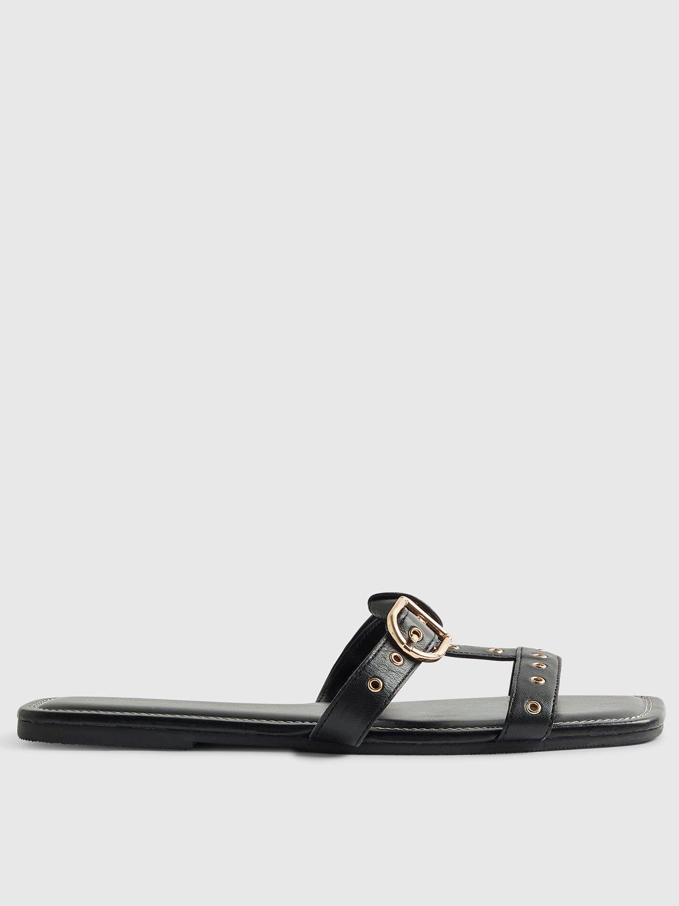 River Island Leather T Bar Buckle Sandals - Black