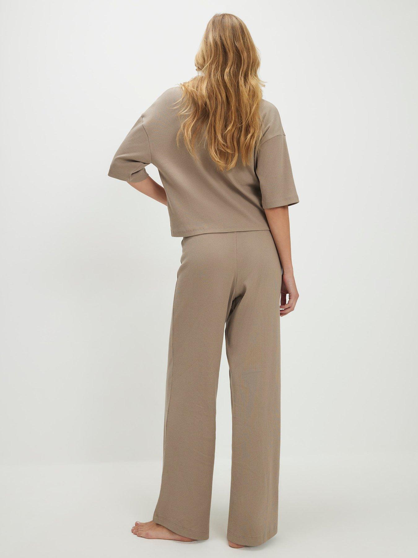 Image 2 of 4 of River Island Beige Ribbed Polo Loungewear Set - Grey