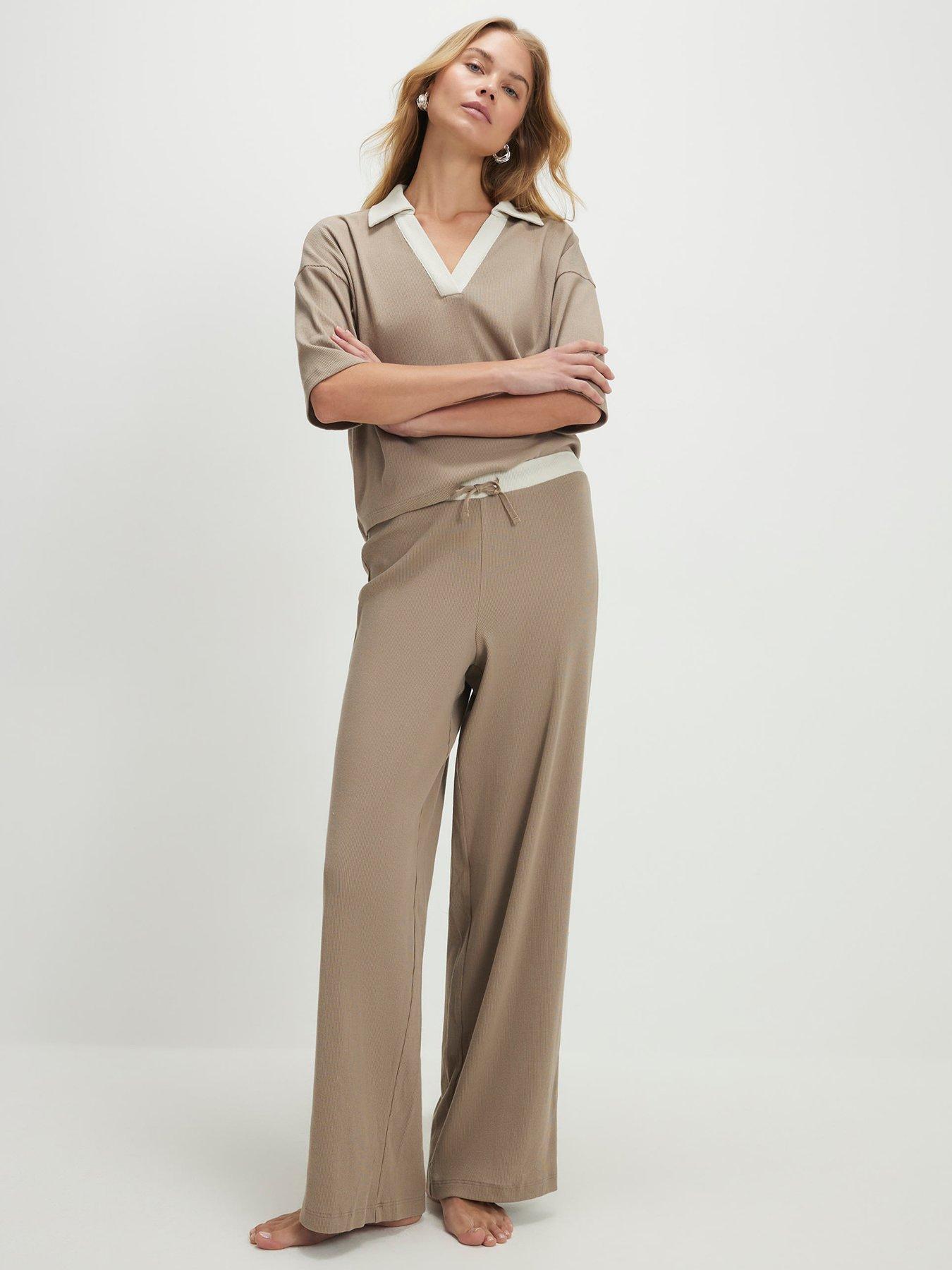 Image 3 of 4 of River Island Beige Ribbed Polo Loungewear Set - Grey
