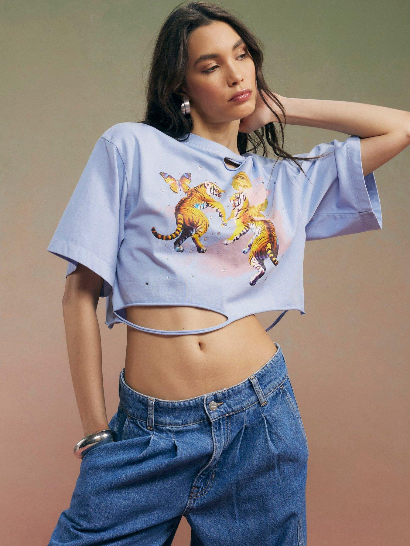 River Island Year Zero Tiger Graphic Crop T-shirt - Blue