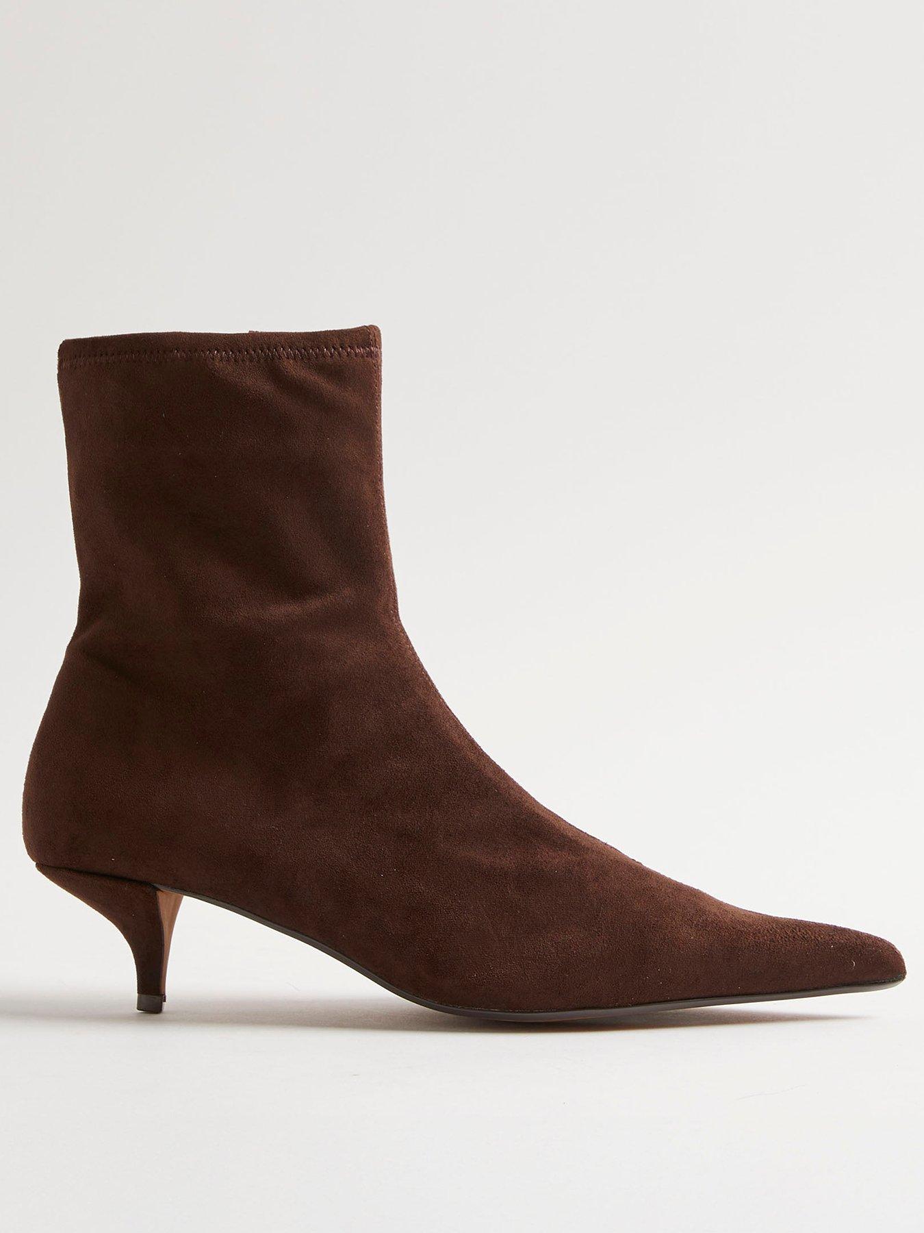 Image 1 of 4 of River Island Faux Suede Pointed Toe Sock Boots - Brown