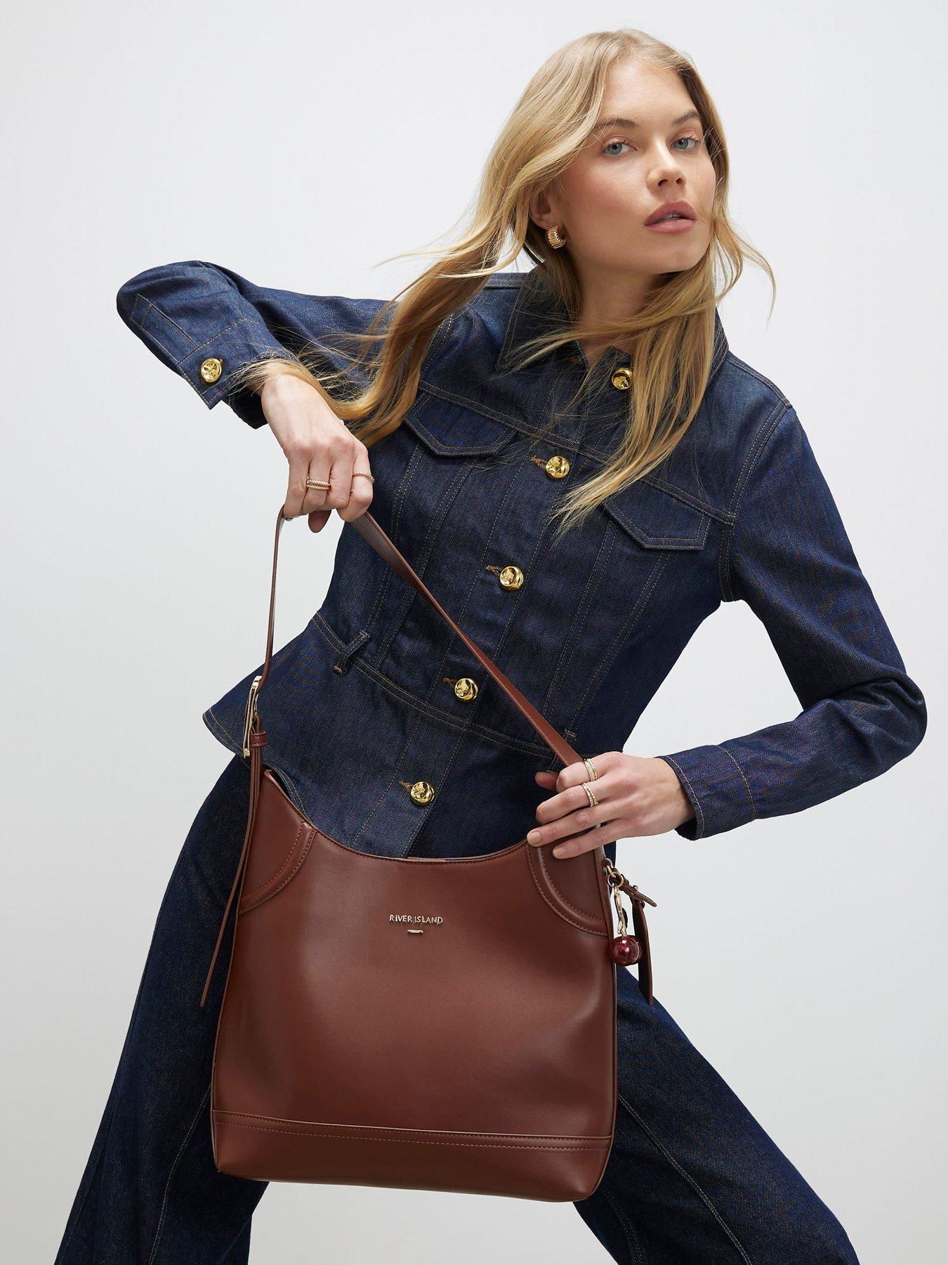 front image of river-island-buckled-slouch-bag-brown