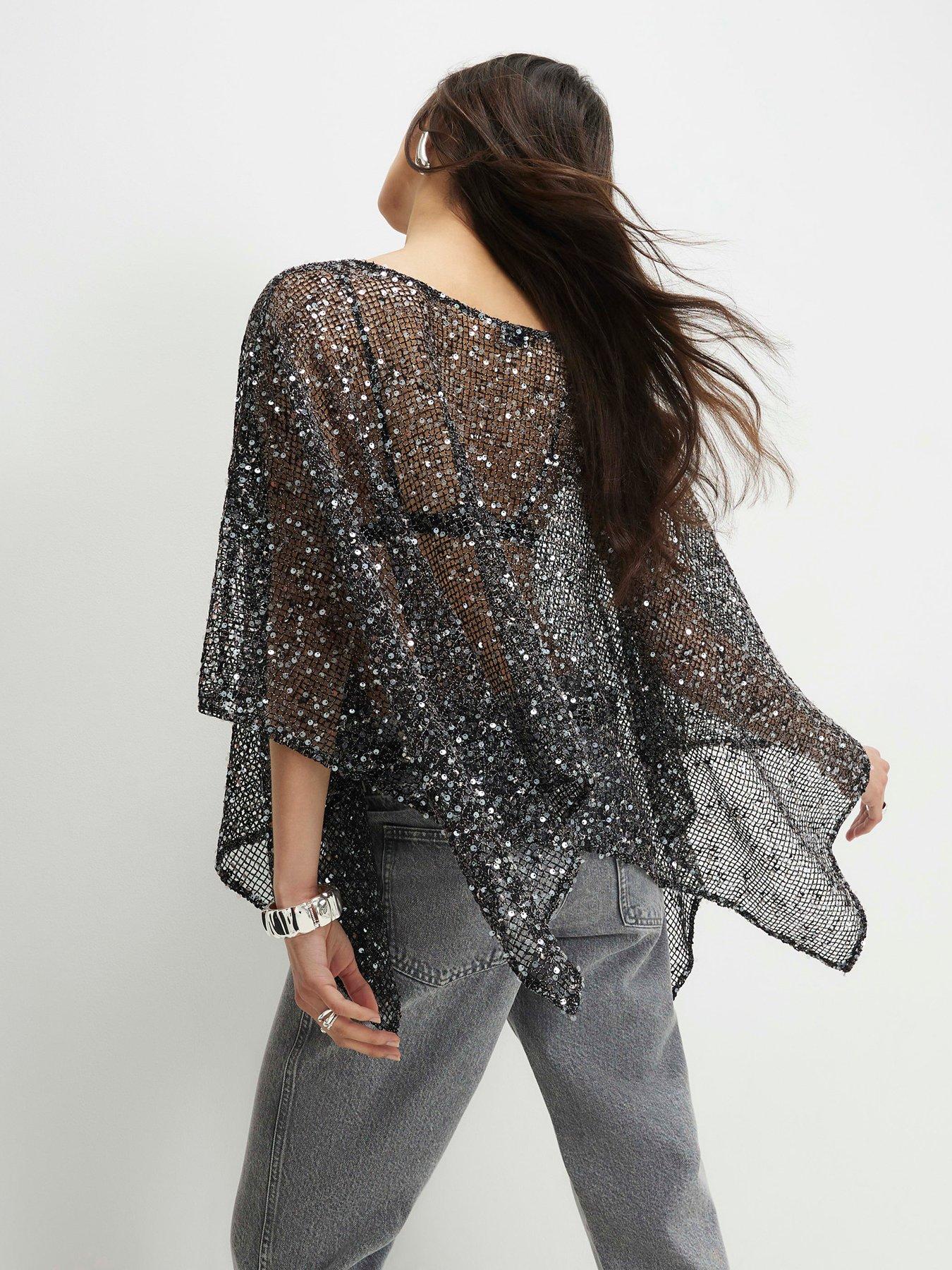 Image 2 of 4 of River Island Sequin Knitted Cape - Black