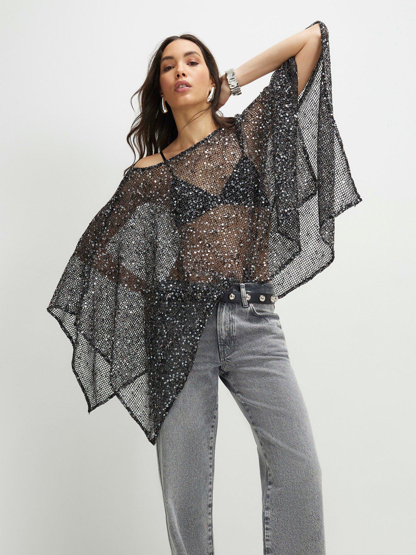 Image 3 of 4 of River Island Sequin Knitted Cape - Black