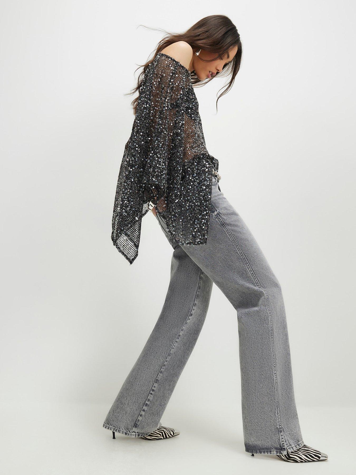 Image 4 of 4 of River Island Sequin Knitted Cape - Black