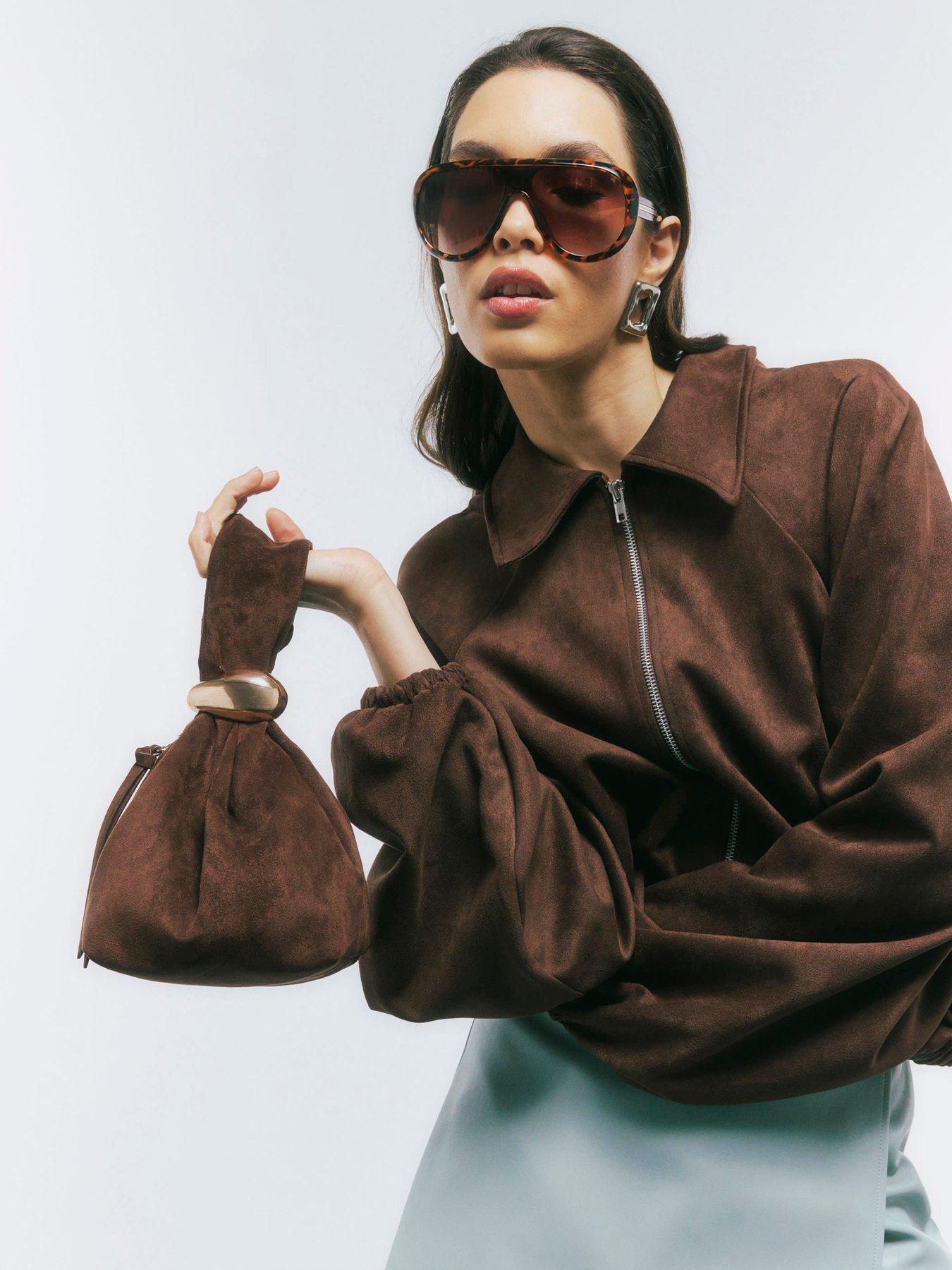 River Island Faux Suede Gold Detail Clutch Bag - Brown