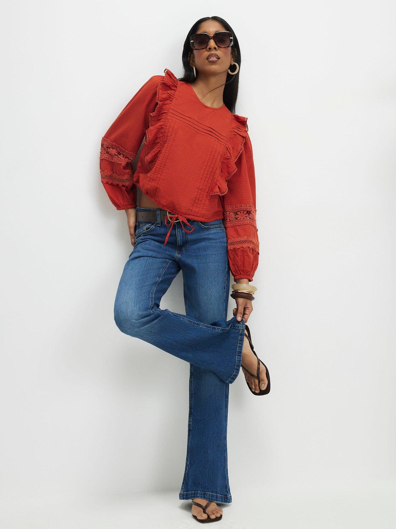 Image 3 of 4 of River Island Long Sleeve Ruffle Blouse - Dark Orange