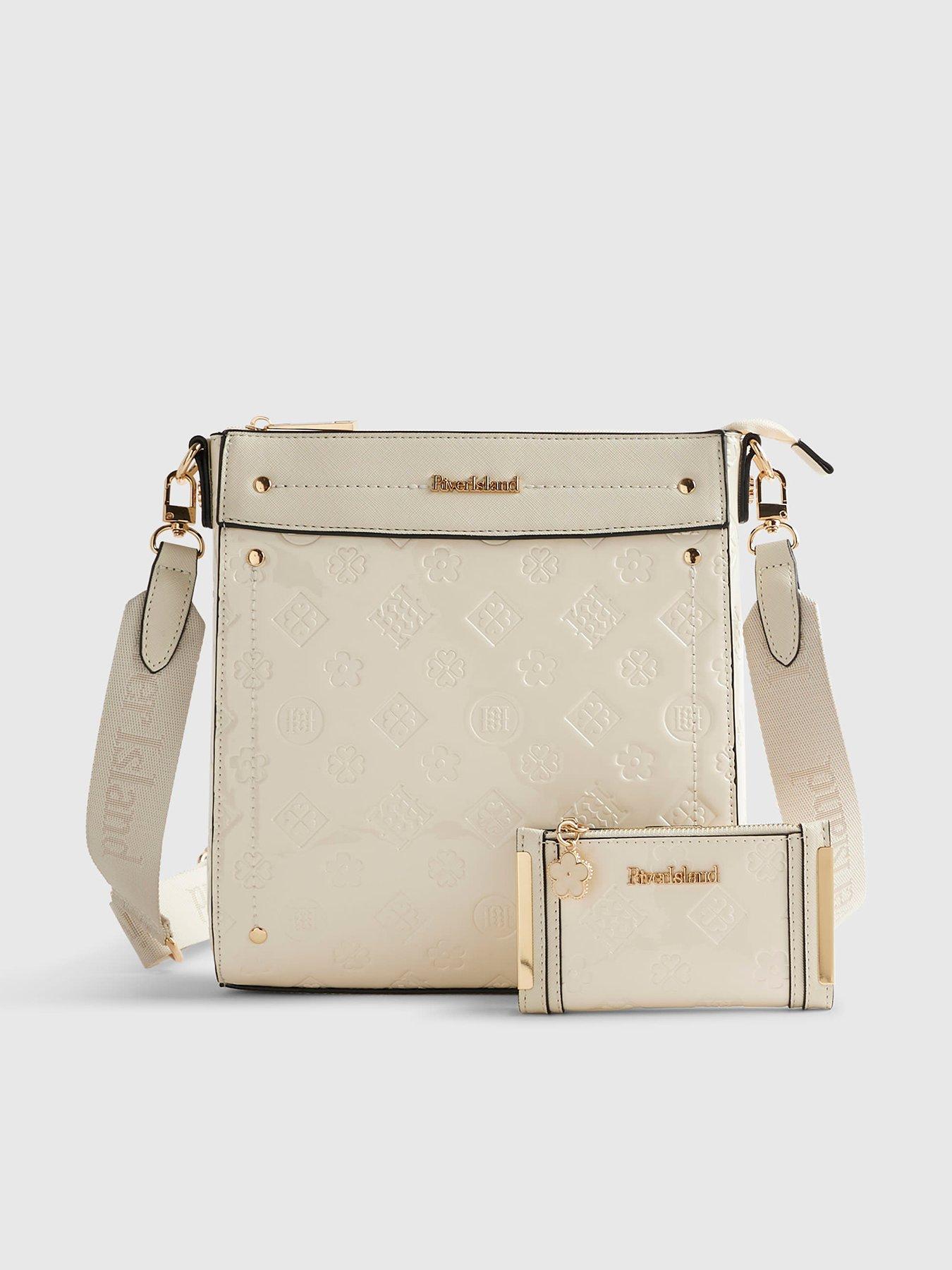 River Island Embossed Monogram Messenger Bag Bundle - Cream