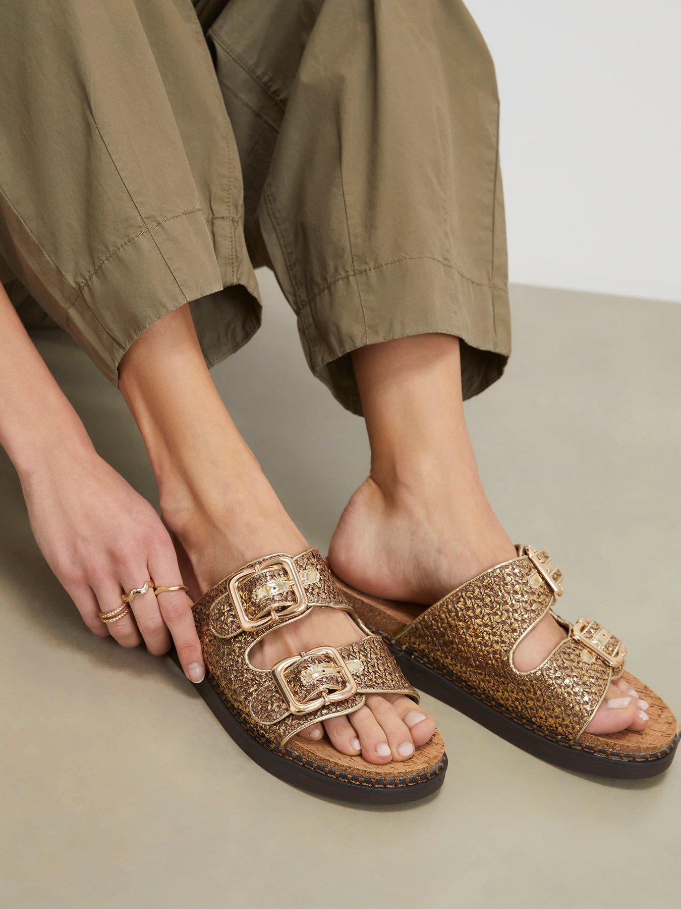 Image 1 of 5 of River Island Double Strap Footbed Sandals - Gold
