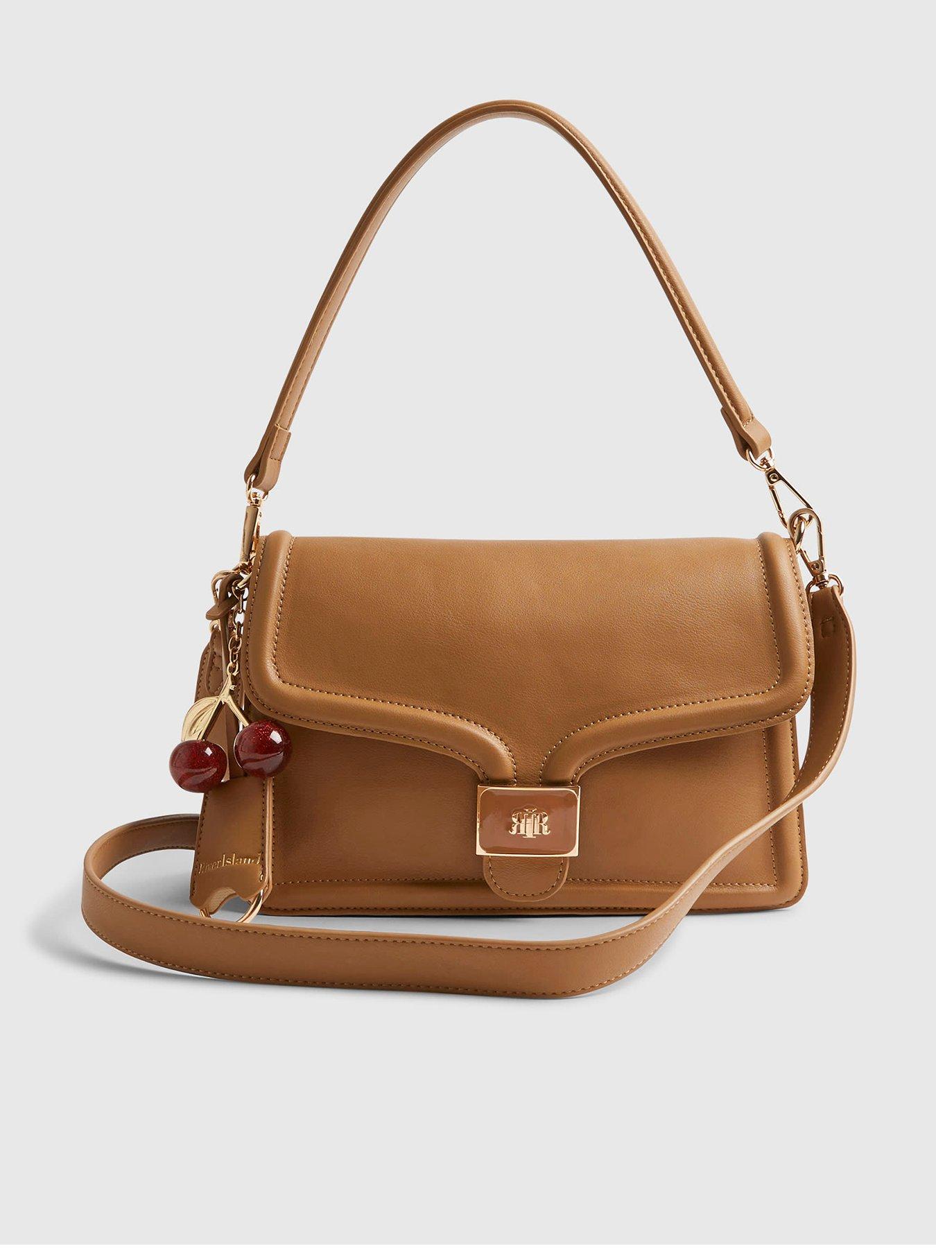 Image 2 of 4 of River Island Tab Front Cherry Charm Shoulder Bag - Beige