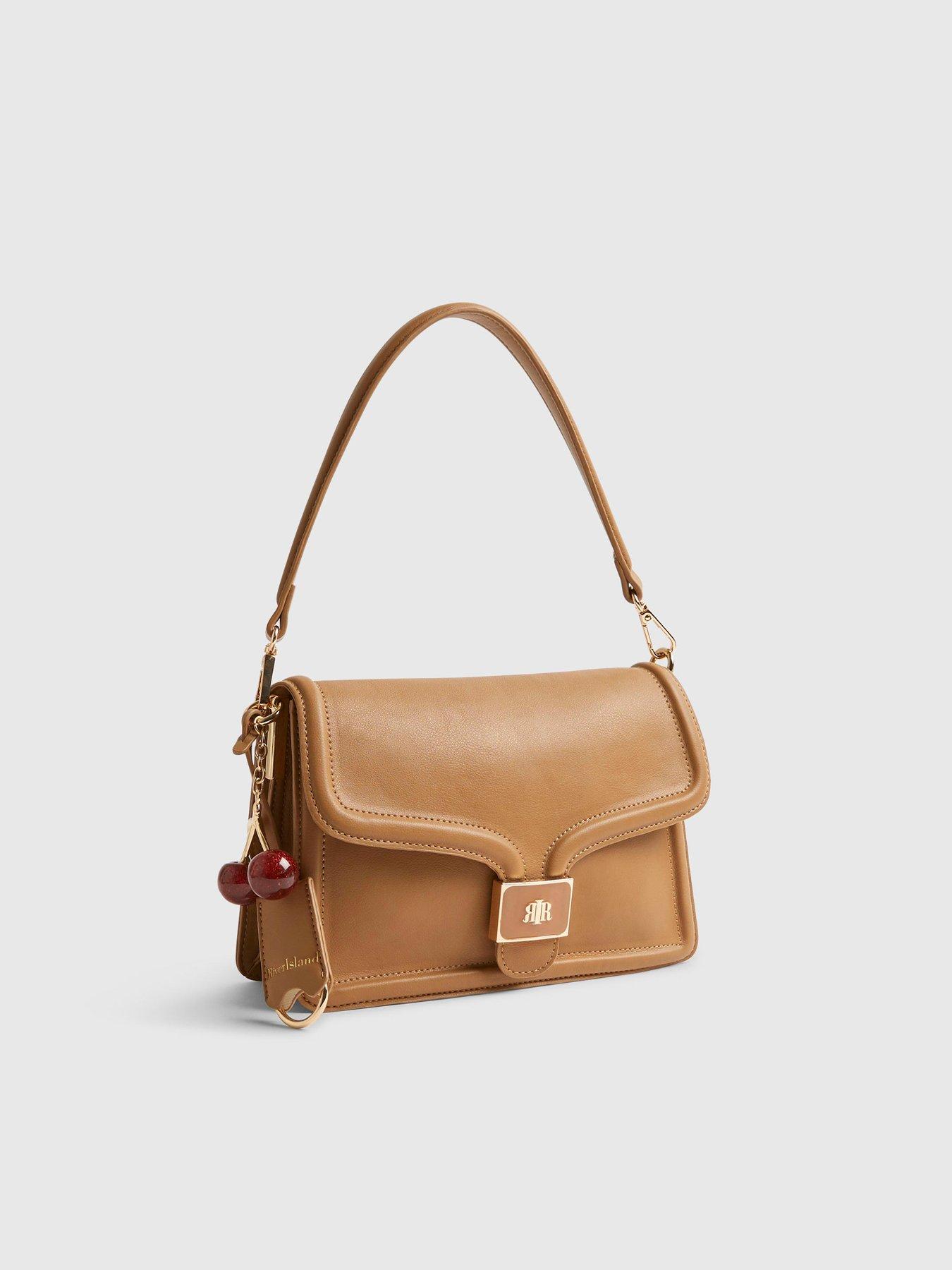 Image 3 of 4 of River Island Tab Front Cherry Charm Shoulder Bag - Beige
