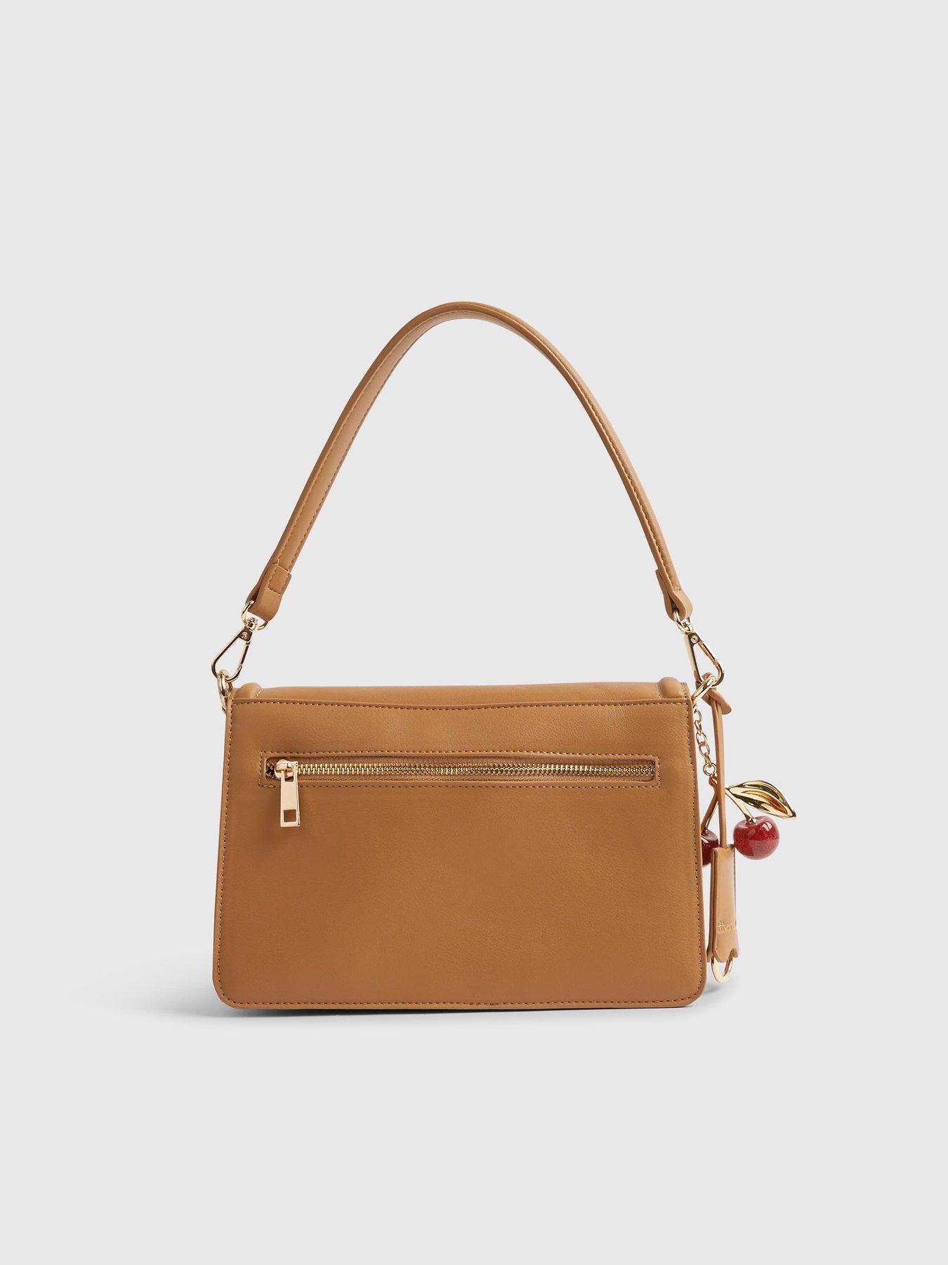 Image 4 of 4 of River Island Tab Front Cherry Charm Shoulder Bag - Beige