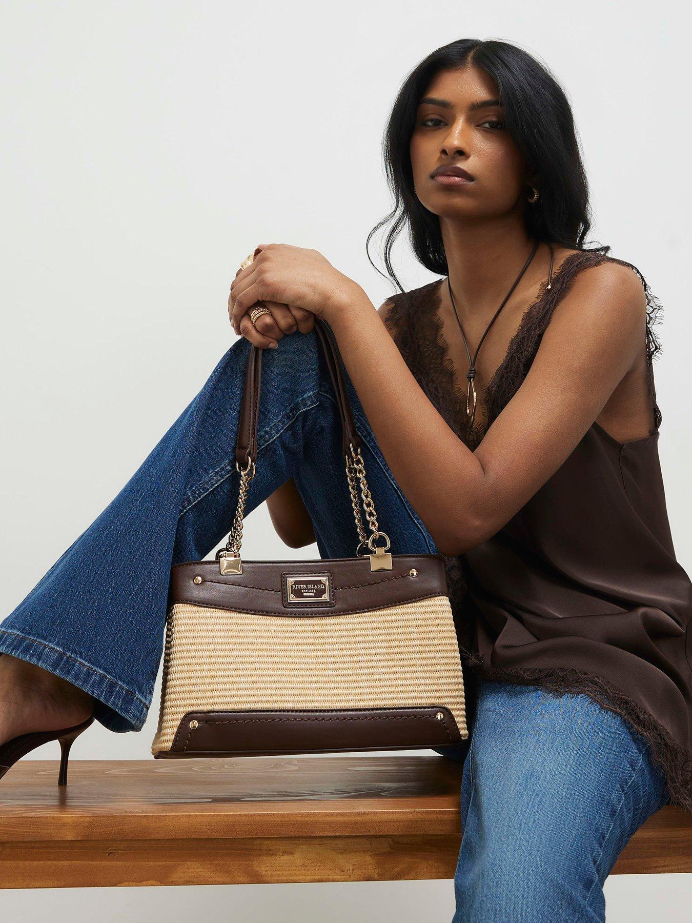 front image of river-island-raffia-chain-handle-shoulder-bag-beige
