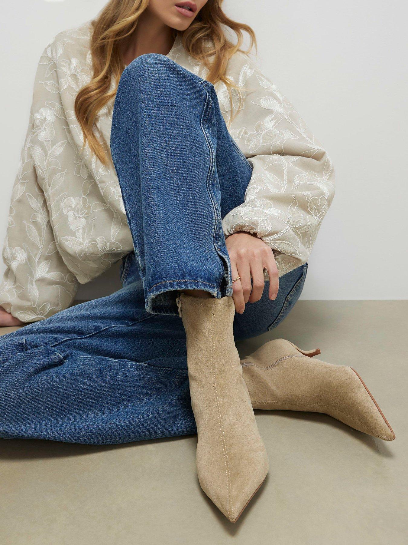 River Island Beige Faux Suede Pointed Toe Sock Boots - Cream