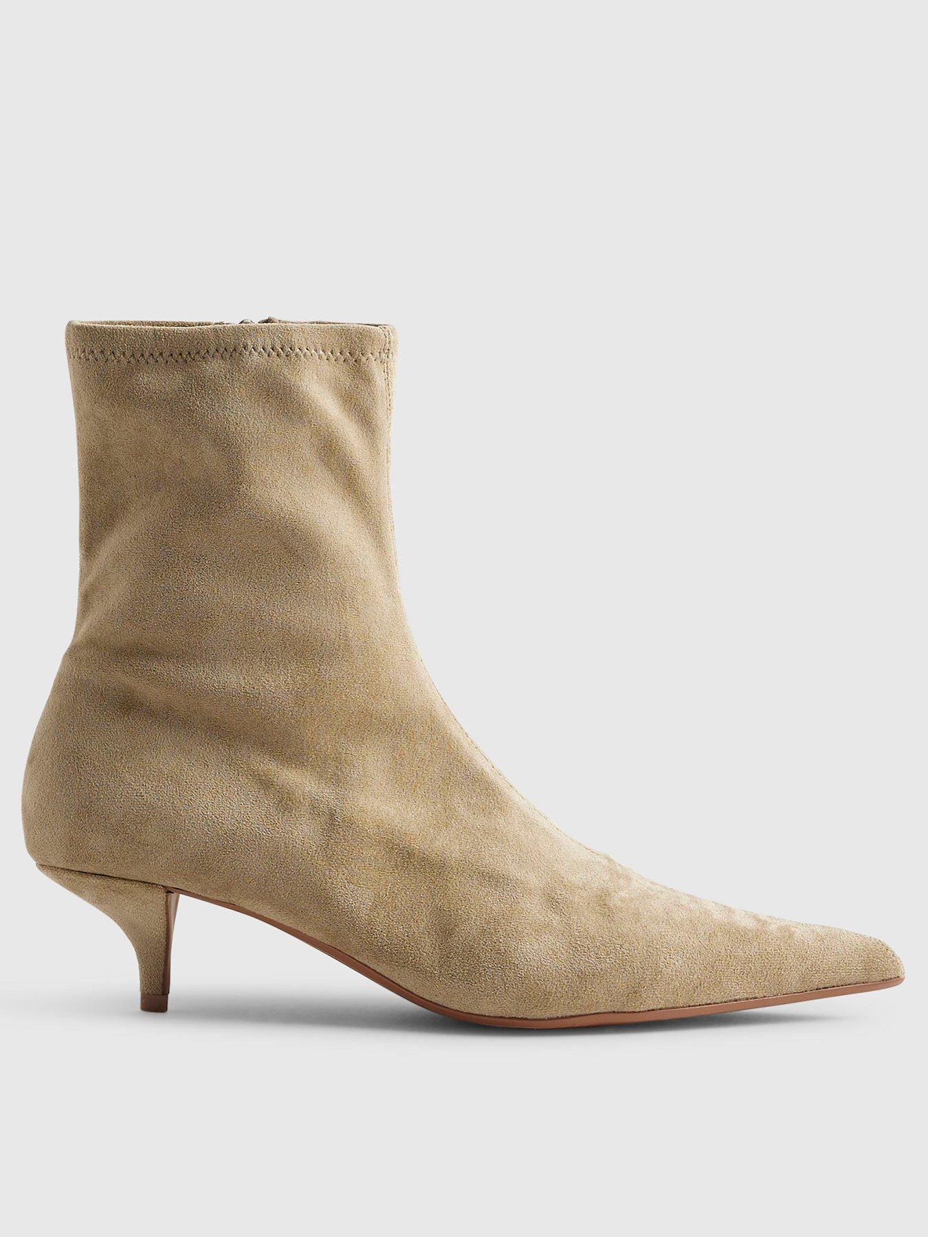 Image 2 of 5 of River Island Beige Faux Suede Pointed Toe Sock Boots - Cream