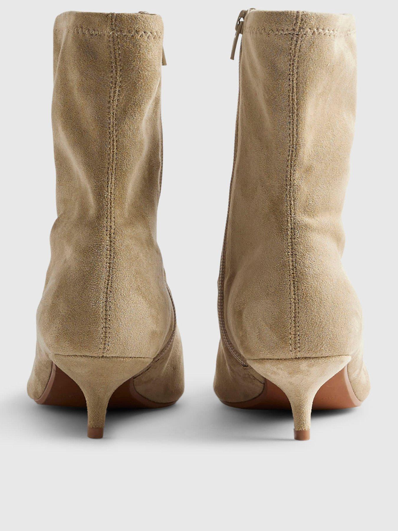 Image 4 of 5 of River Island Beige Faux Suede Pointed Toe Sock Boots - Cream