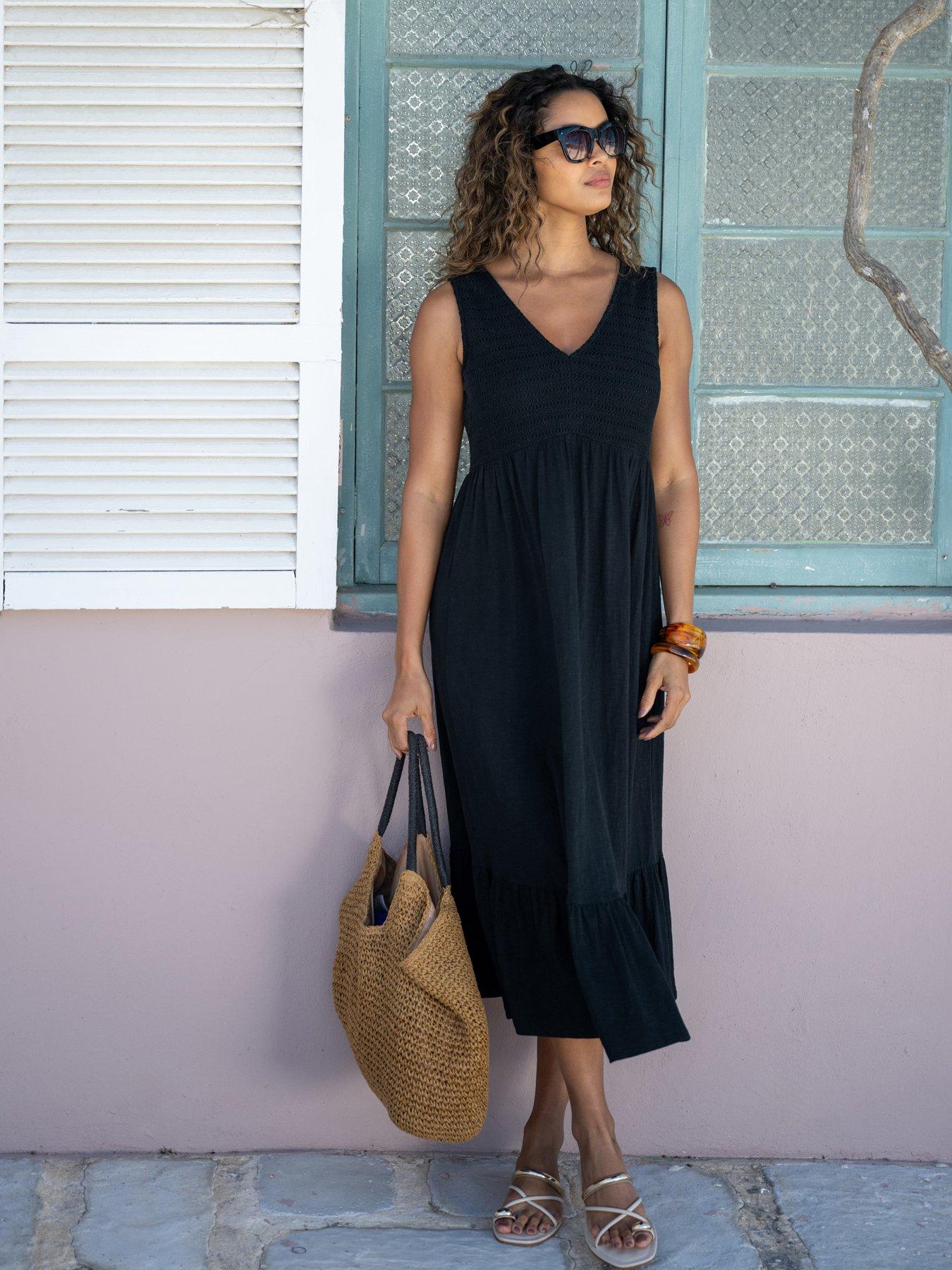 Pour Moi Crochet Bodice Cotton Slub Midi Dress