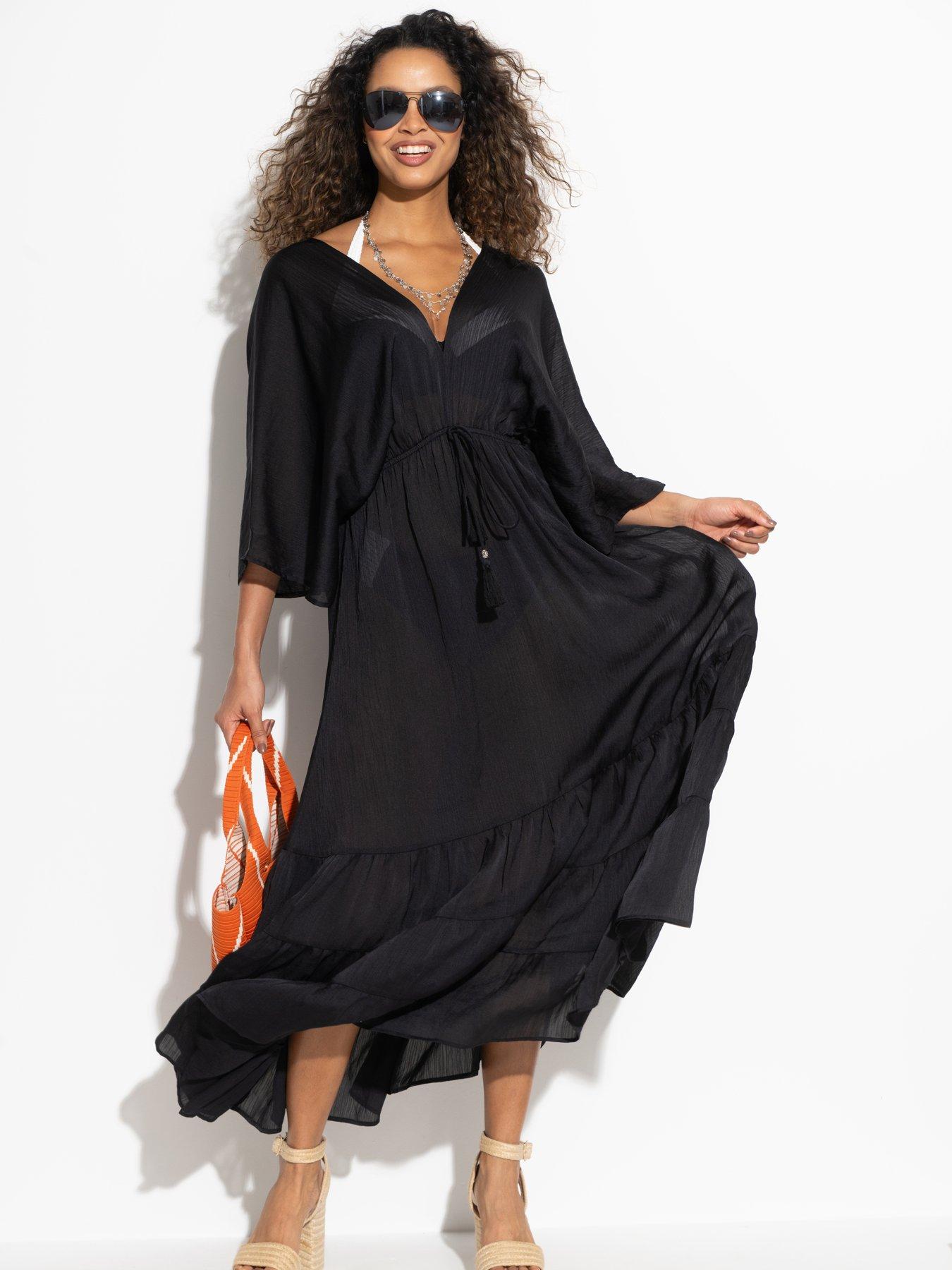 front image of pour-moi-tassel-trim-tiered-maxi-kaftan