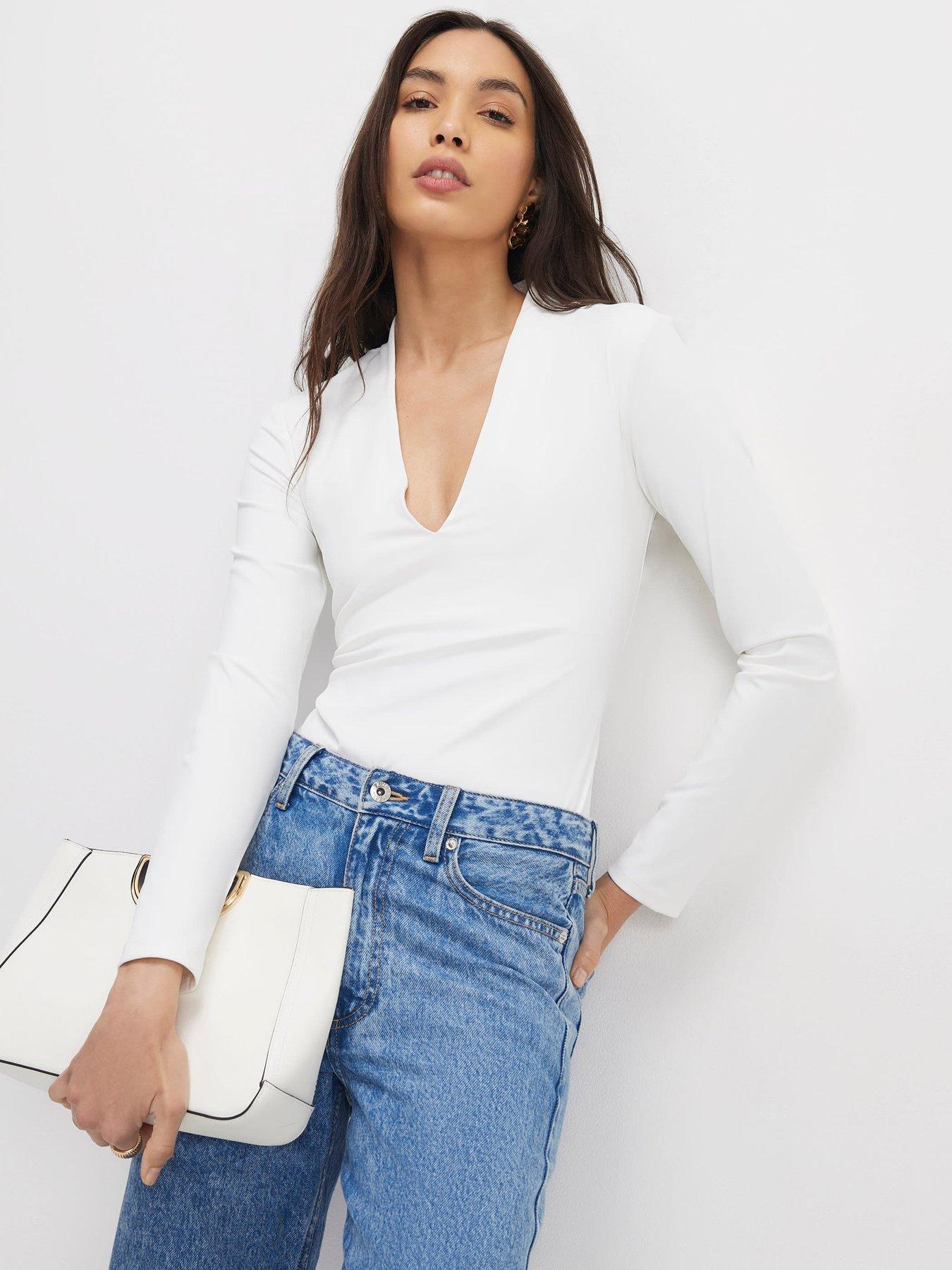 Image 1 of 4 of River Island White Long Sleeve Plunge Bodysuit Multipack