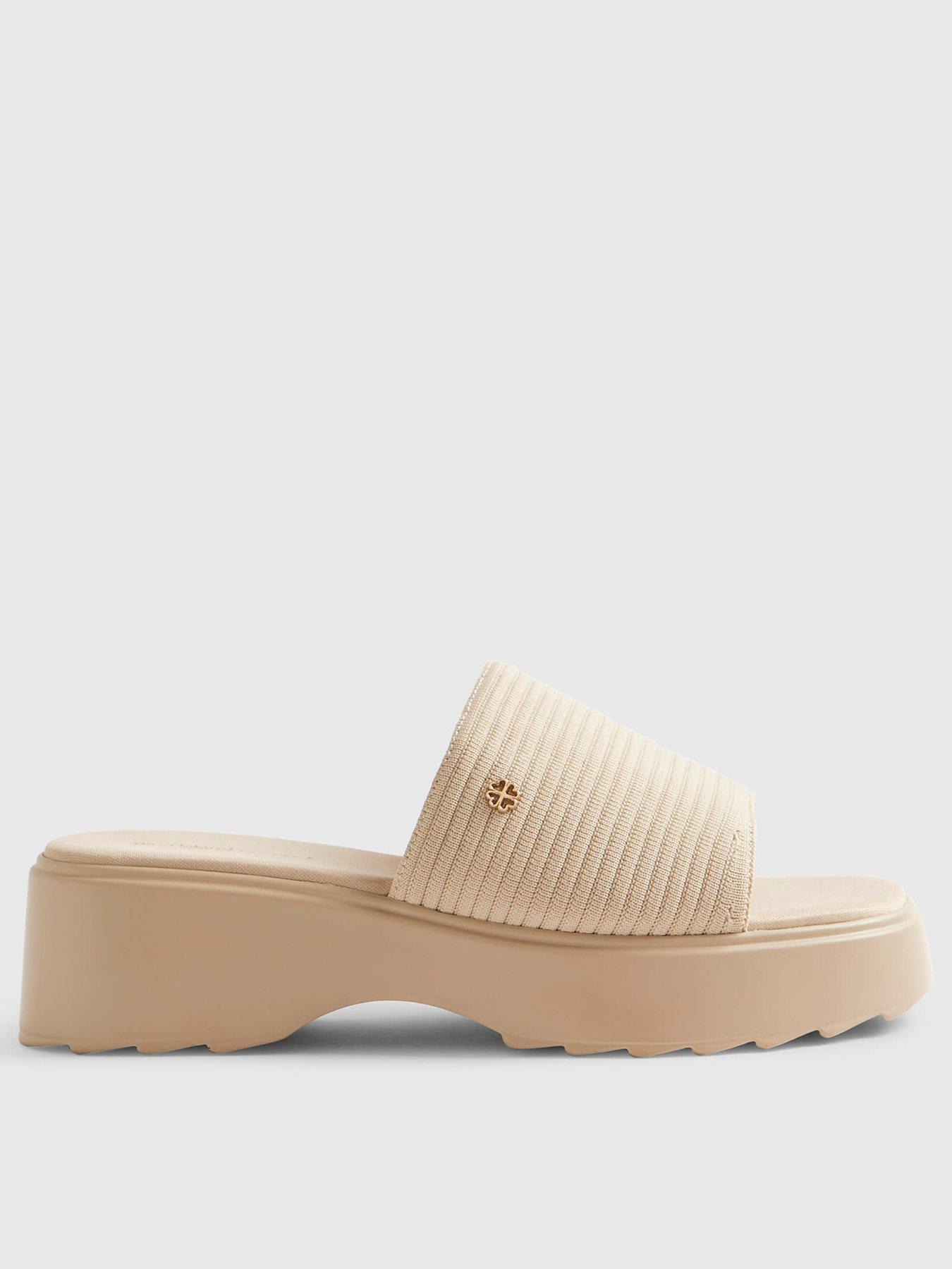 Image 1 of 5 of River Island Beige Wide Fit Knitted Mule Flatform Sandals
