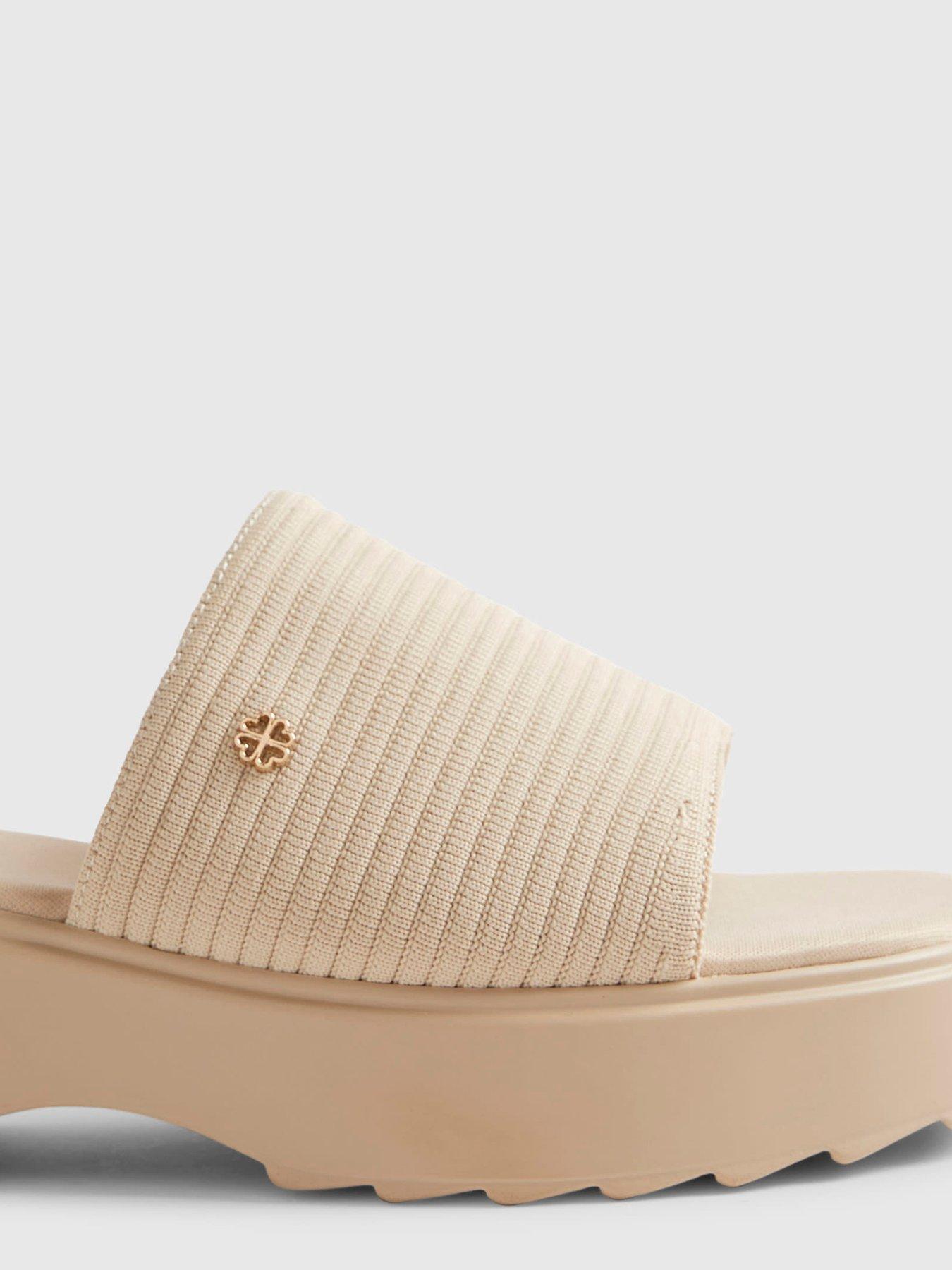 Image 4 of 5 of River Island Beige Wide Fit Knitted Mule Flatform Sandals