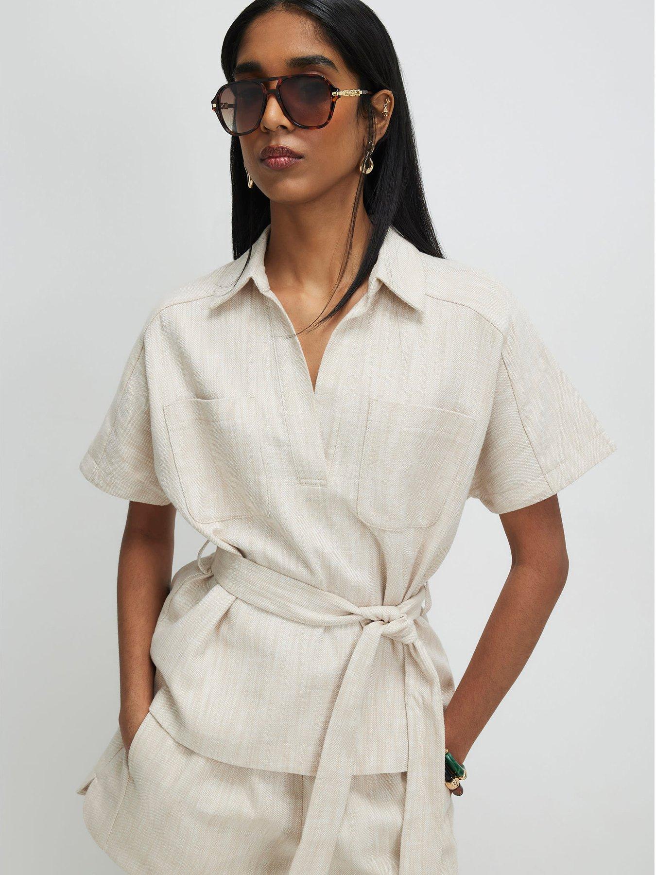 River Island Cream Linen Look Collared Belted Top