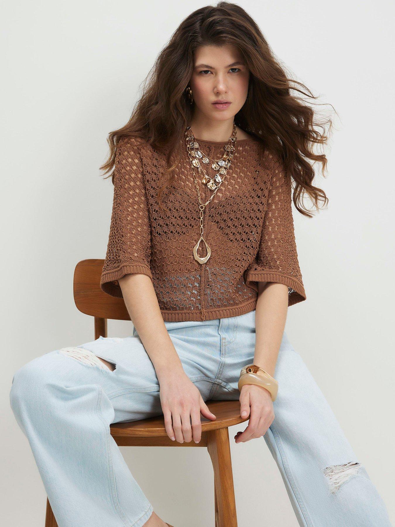 Image 4 of 4 of River Island Open Stitch Knitted T-shirt