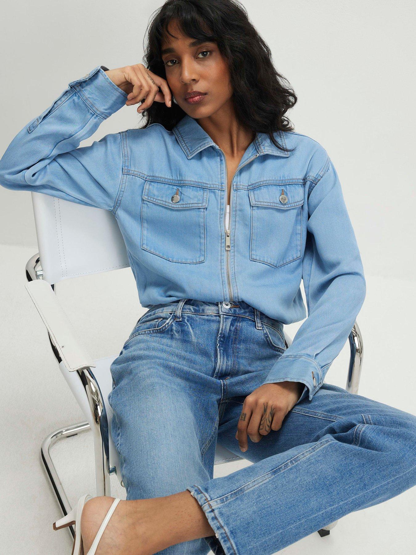 front image of river-island-denim-tencel-bubble-hem-bomber-jacket