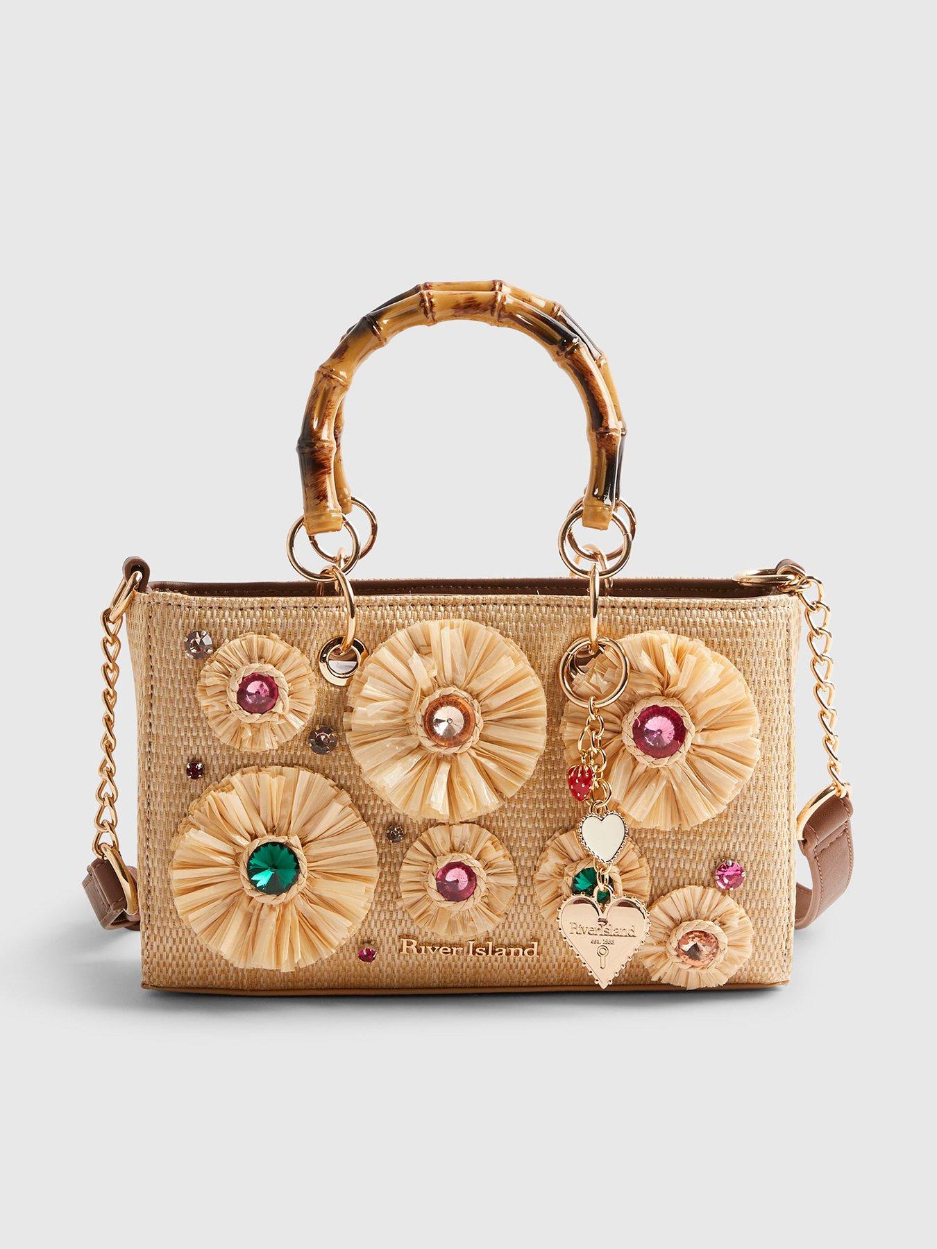 River Island Raffia Gem Flower Tote Bag