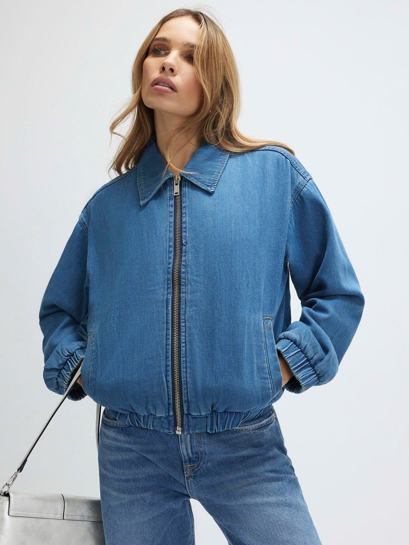 Image 1 of 4 of River Island Gather Detail Denim Bomber Jacket