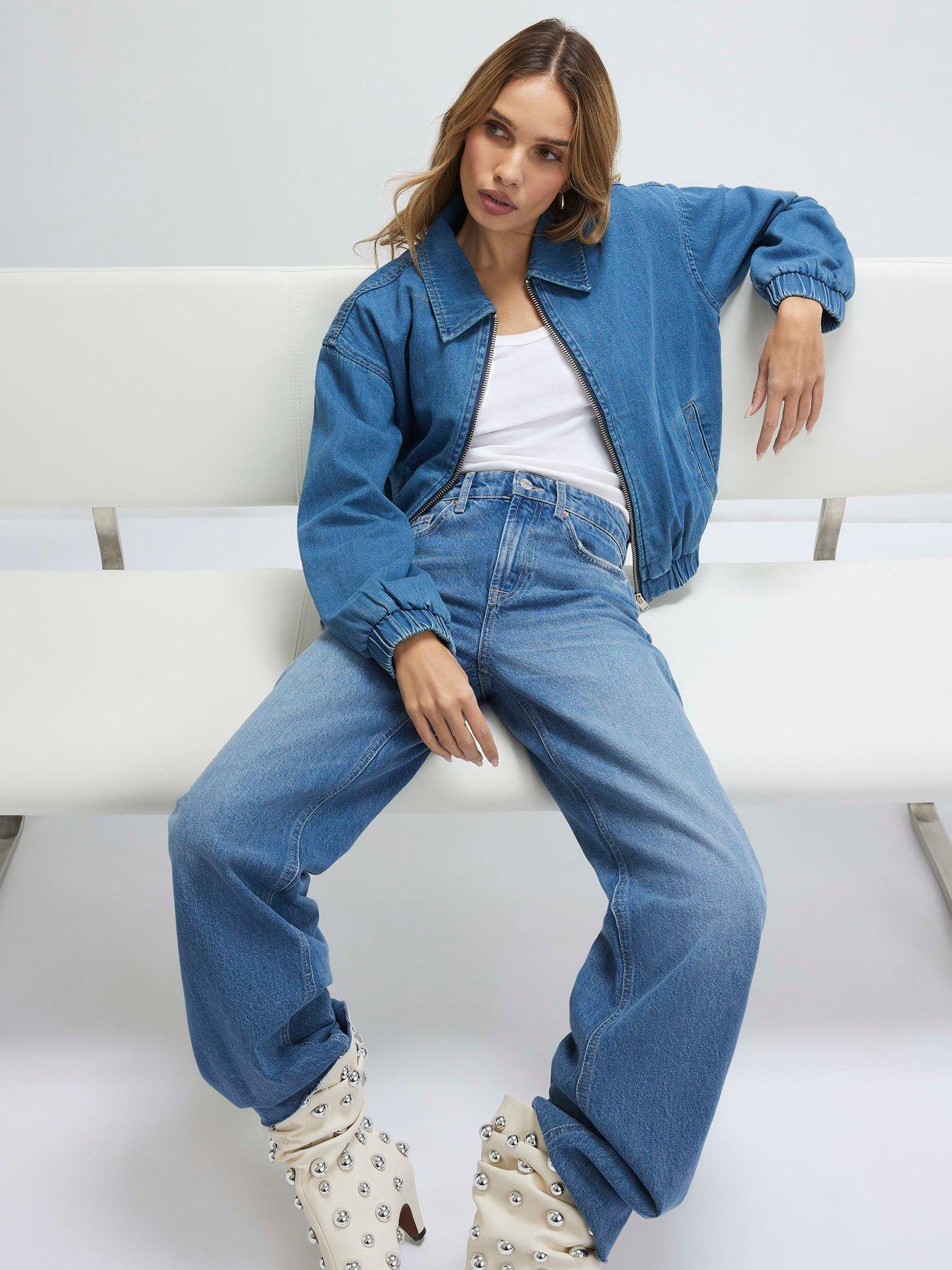 Image 4 of 4 of River Island Gather Detail Denim Bomber Jacket