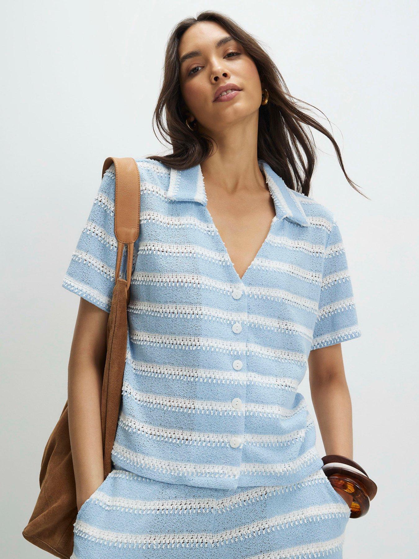Image 1 of 4 of River Island Short Sleeve Striped Crochet Shirt
