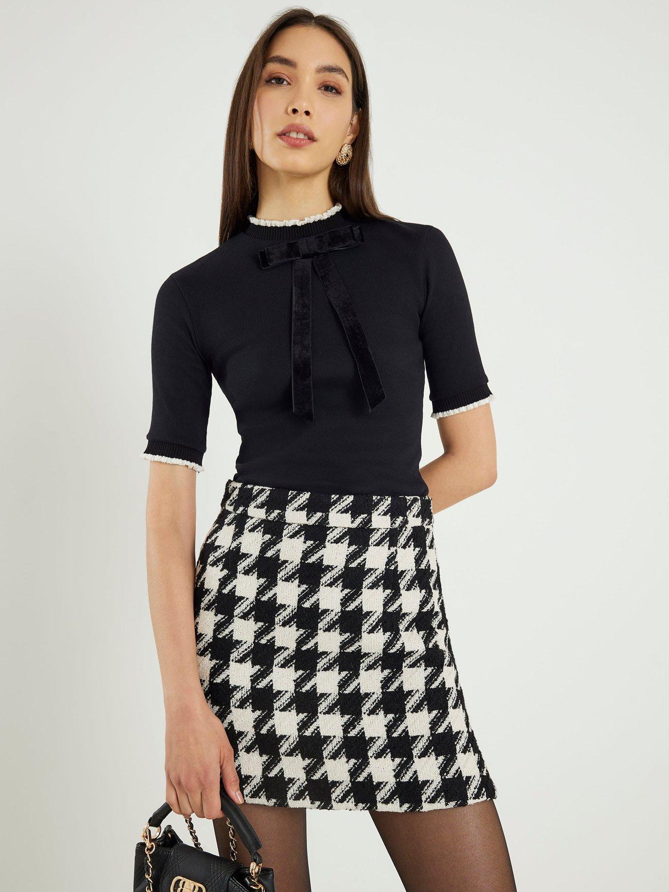 front image of river-island-short-sleeve-ribbed-bow-neck-top