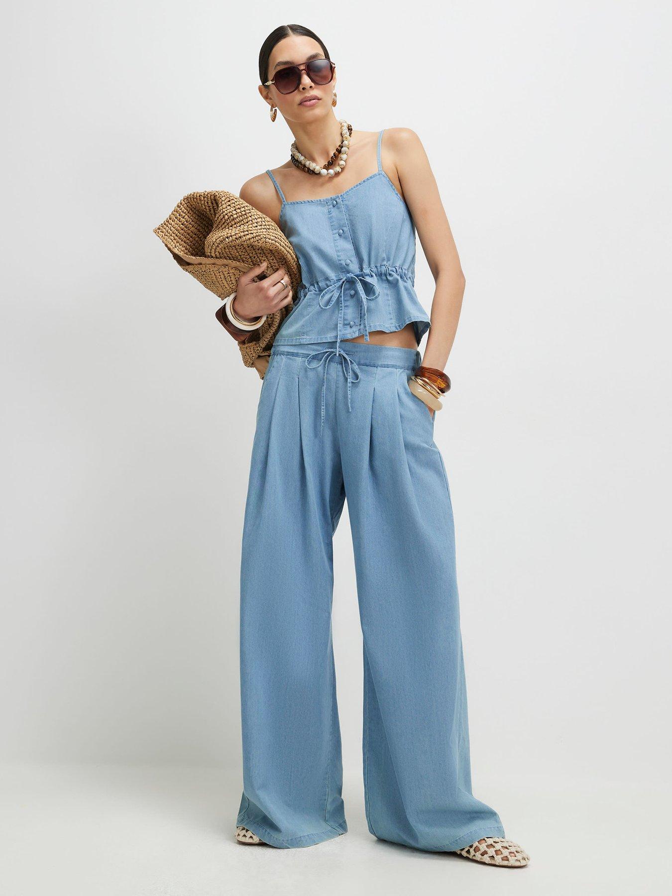 front image of river-island-denim-look-drawstring-wide-leg-trousers