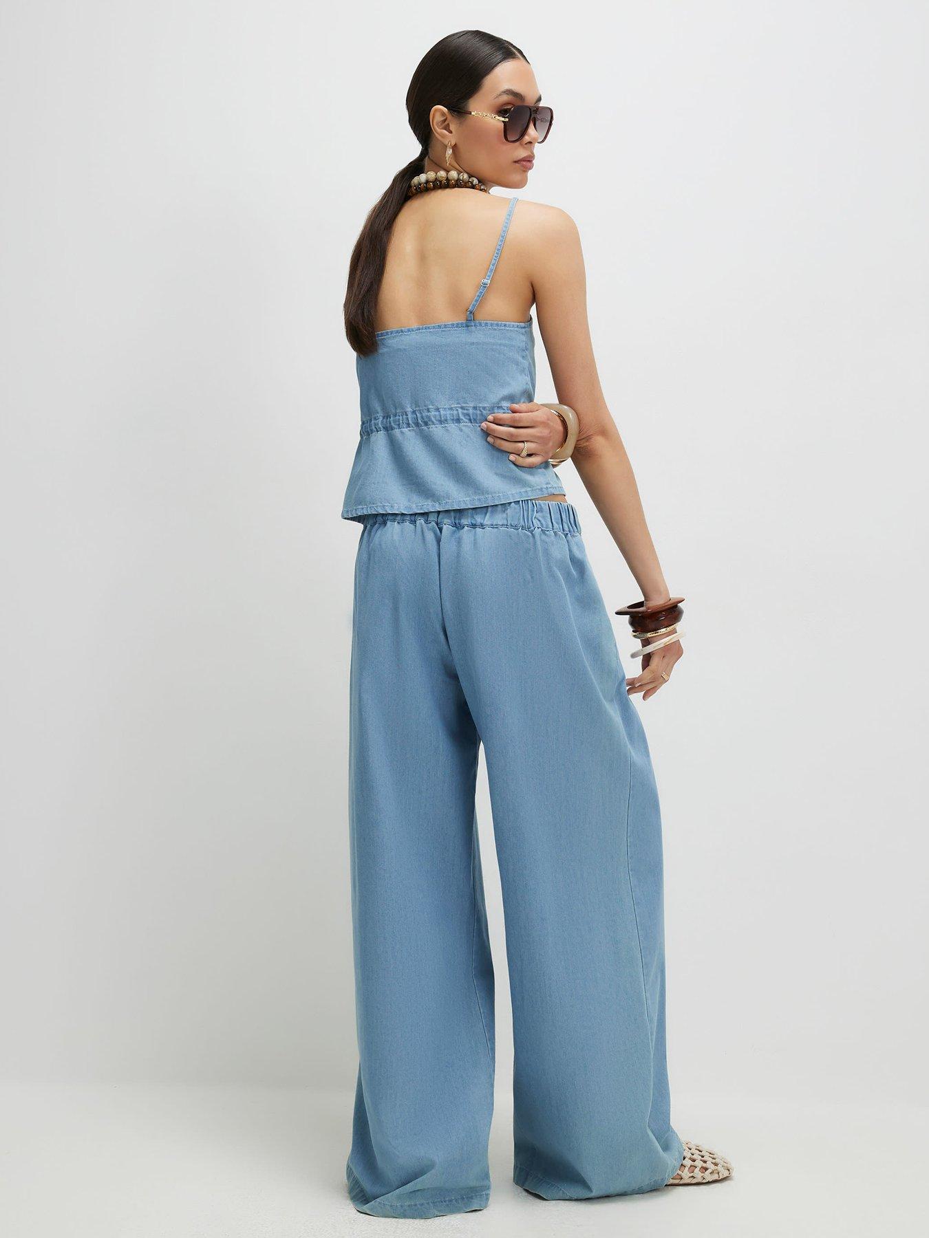  image of river-island-denim-look-drawstring-wide-leg-trousers