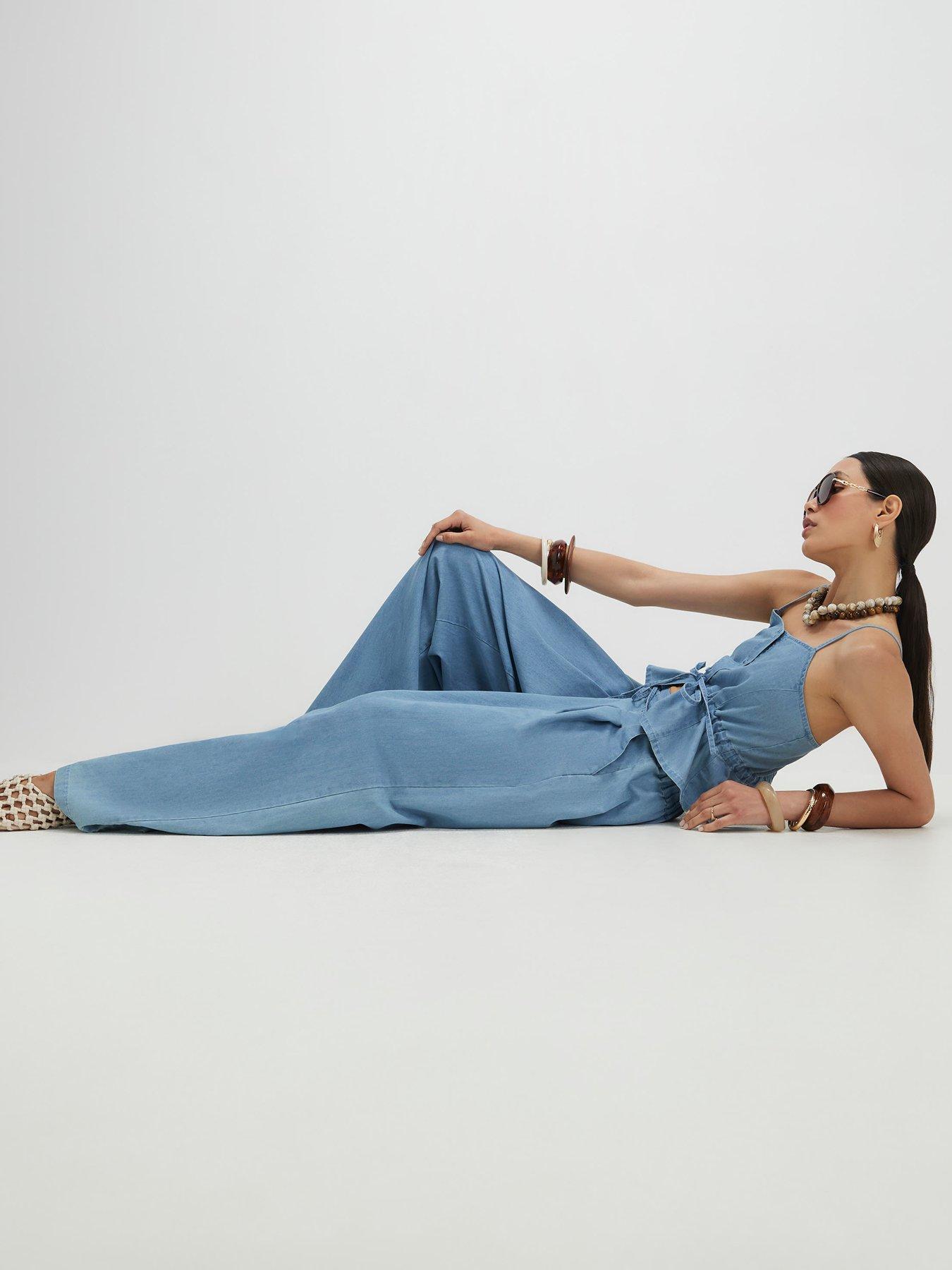  image of river-island-denim-look-drawstring-wide-leg-trousers