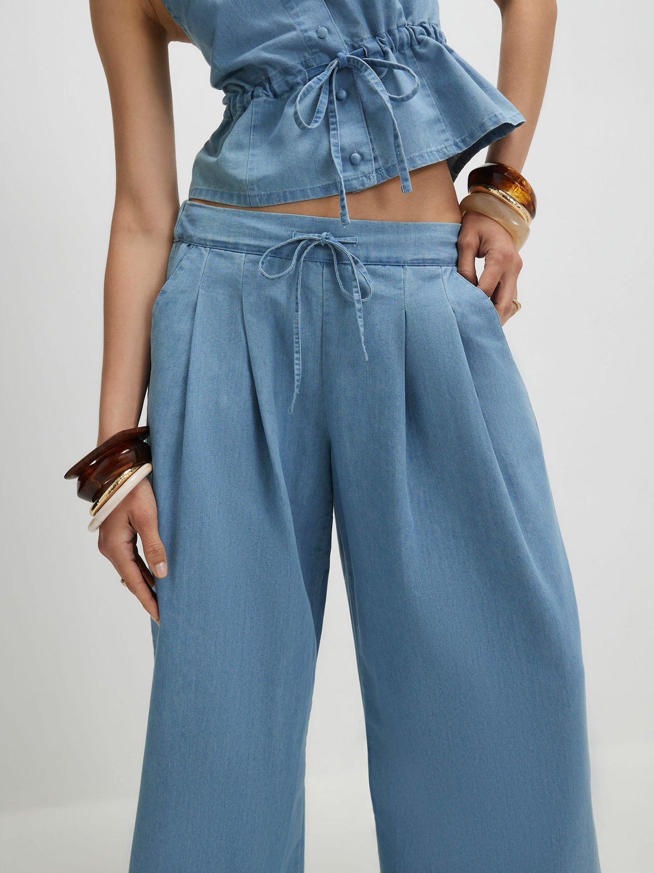  image of river-island-denim-look-drawstring-wide-leg-trousers