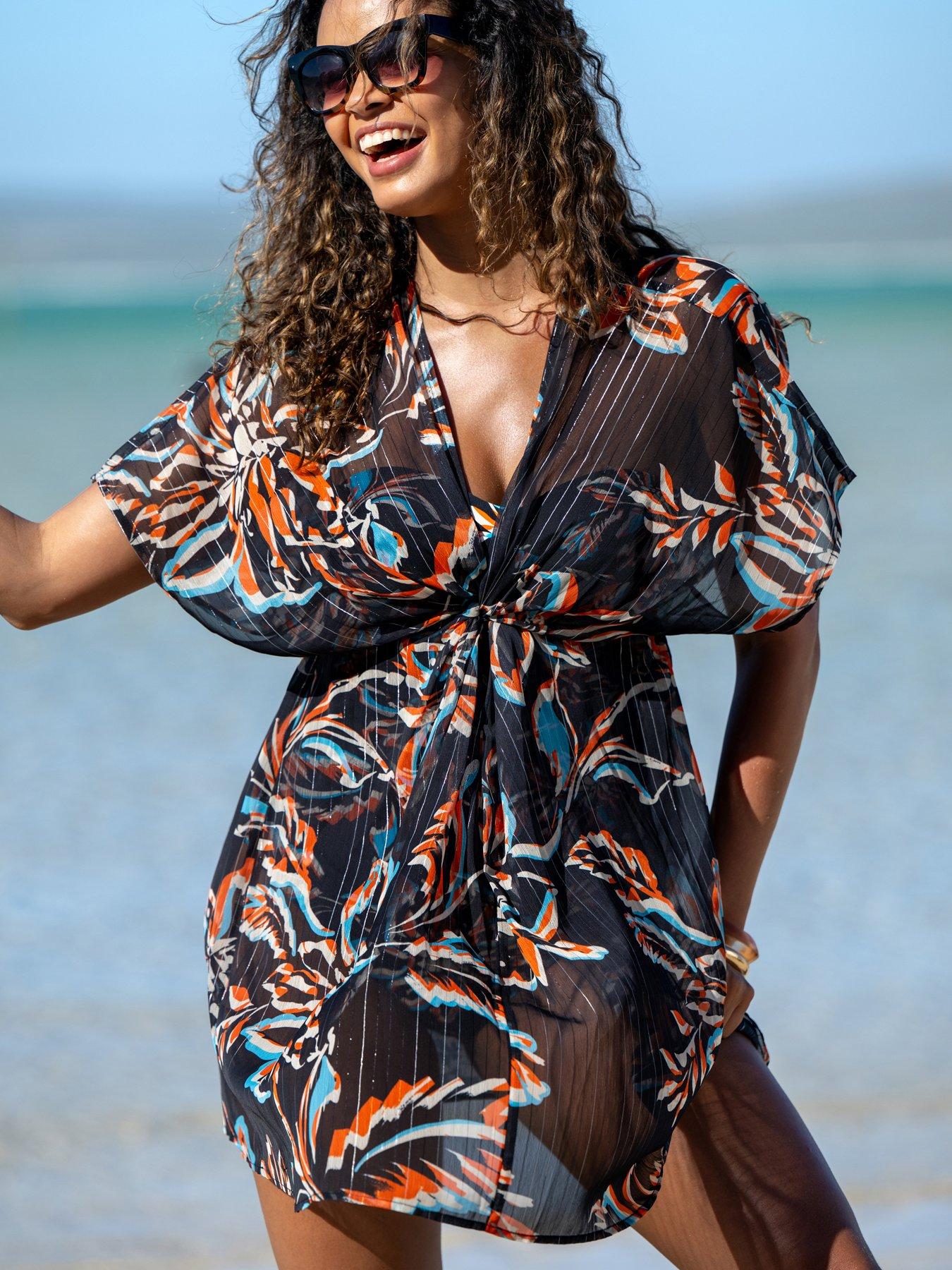 Image 1 of 4 of Pour Moi Knotted Front Lurex Stripe Chiffon Kaftan